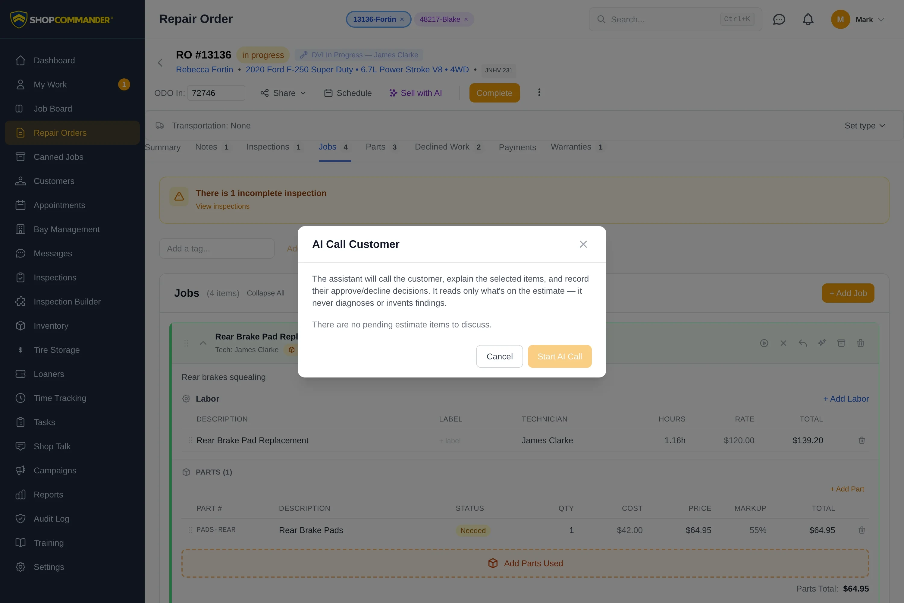 The AI Call Customer dialog on a repair order