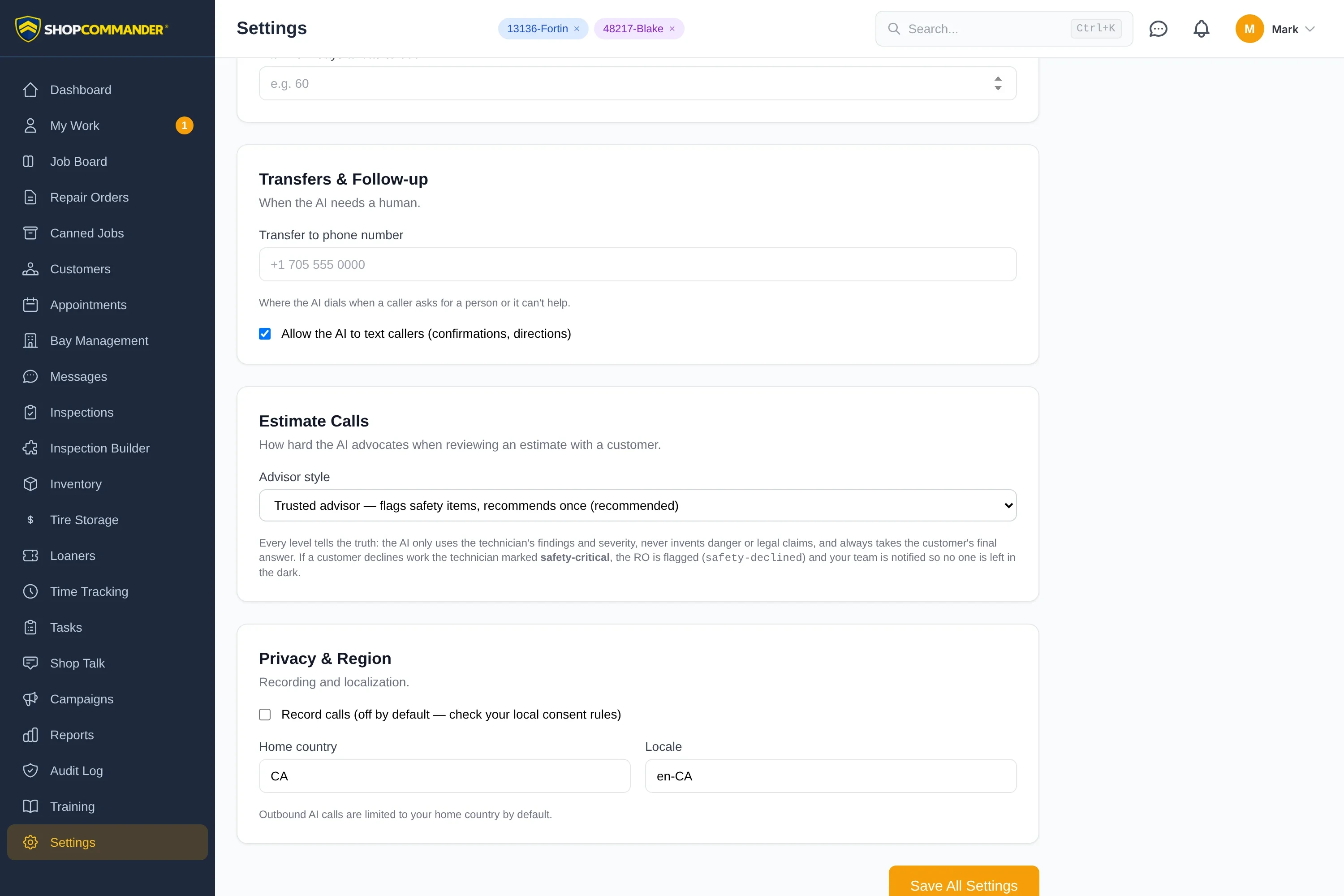 Voice AI settings with an advisor-style selector