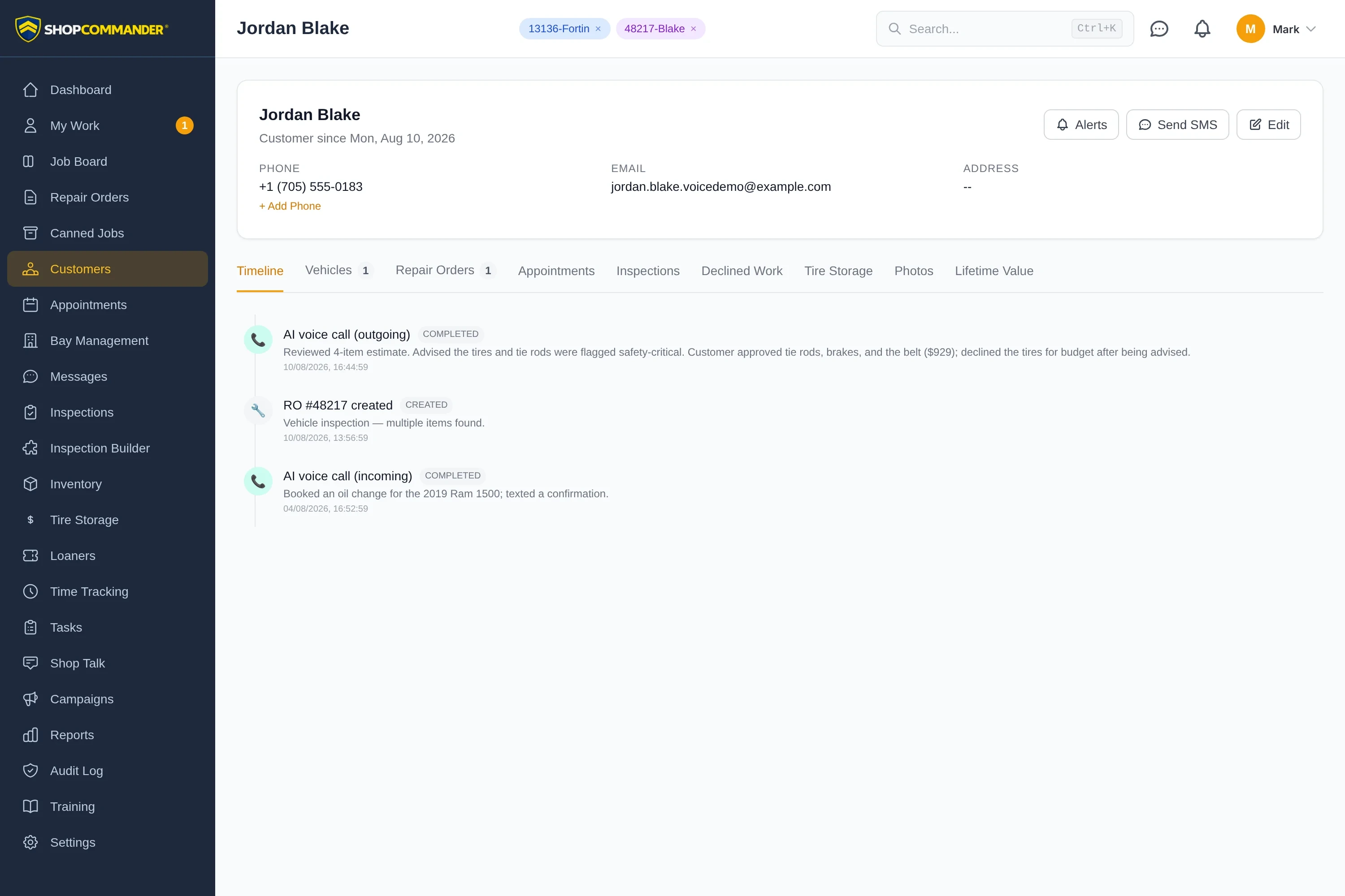 A customer timeline showing incoming and outgoing AI voice calls with summaries