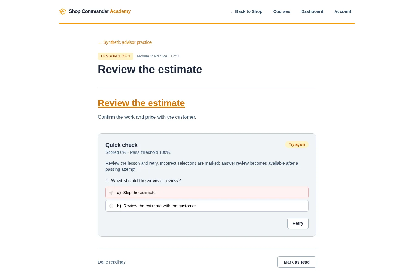 Feedback after a failed quiz