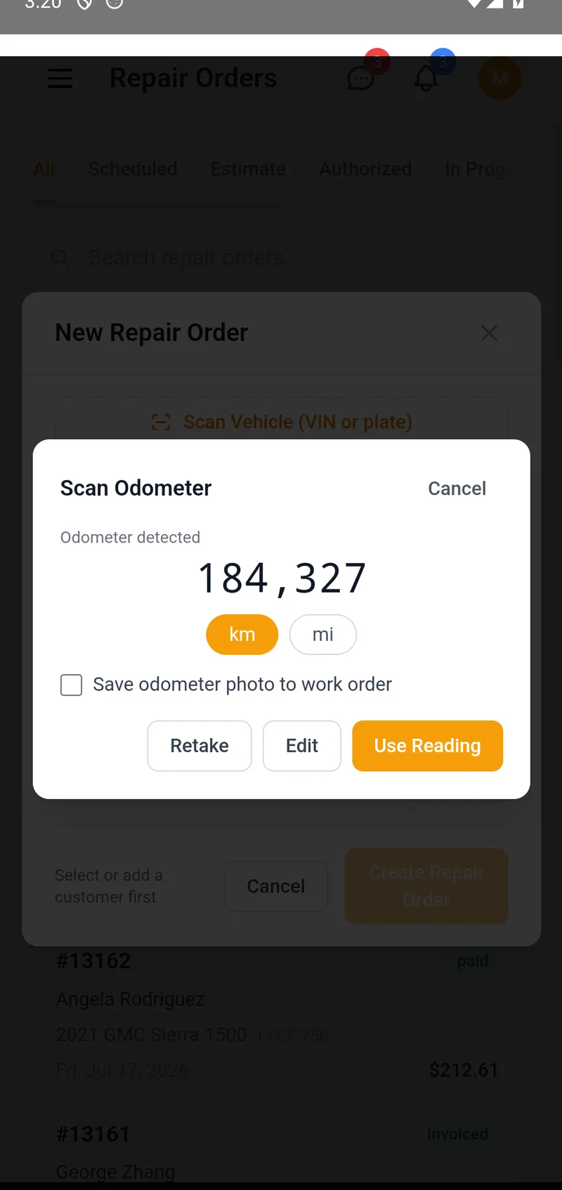 The odometer reading confirmation