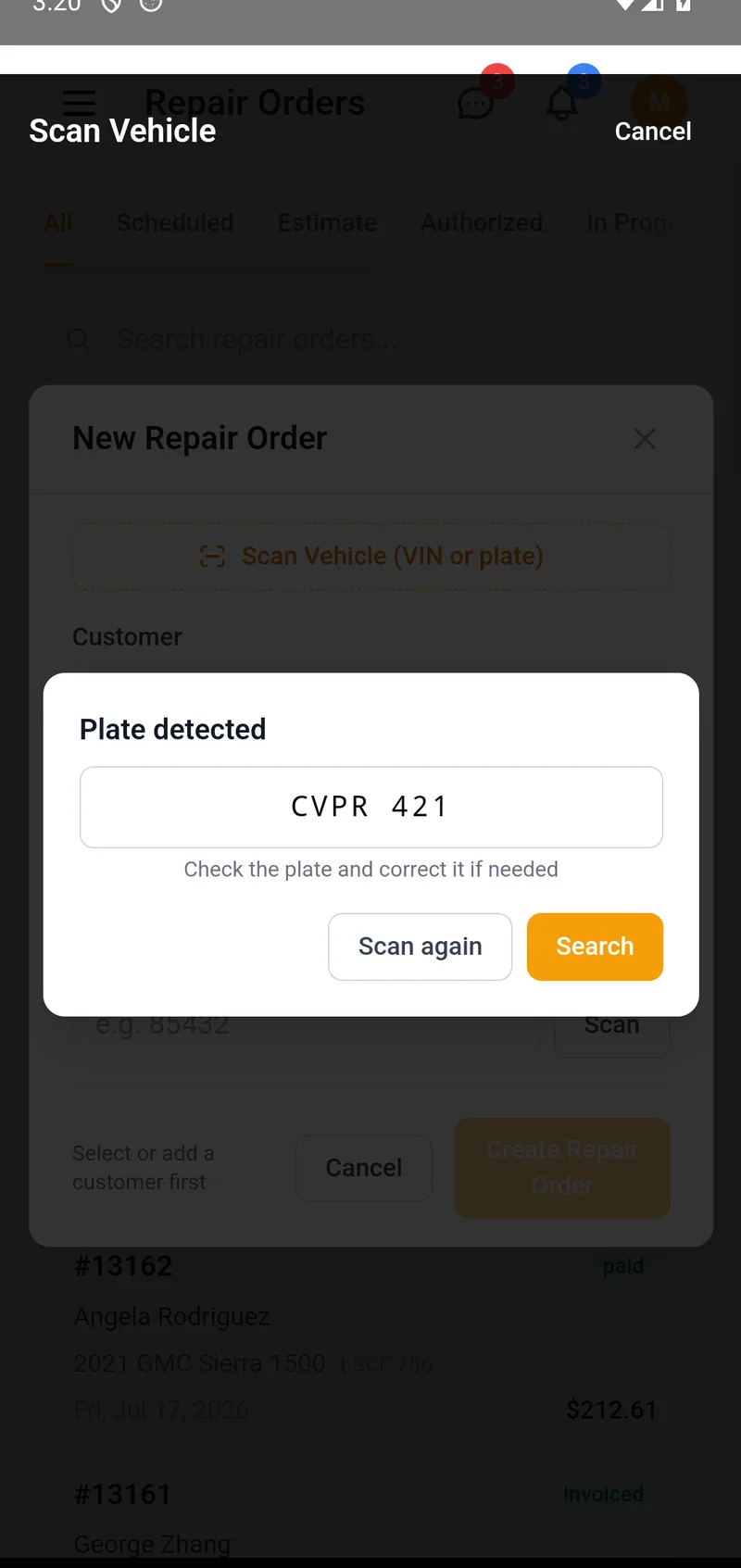 A scanned plate ready to confirm or edit