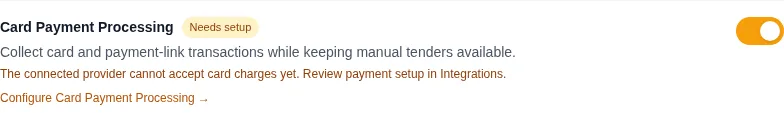 Connected provider cannot accept charges yet