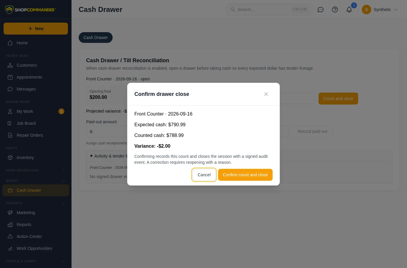 Review the drawer count and variance before closing
