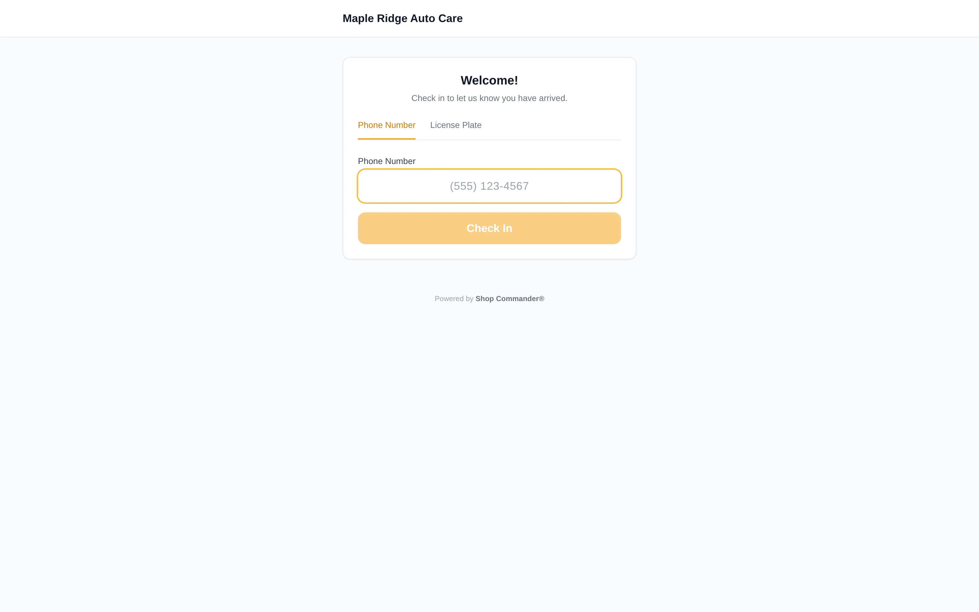 The customer self-serve check-in page