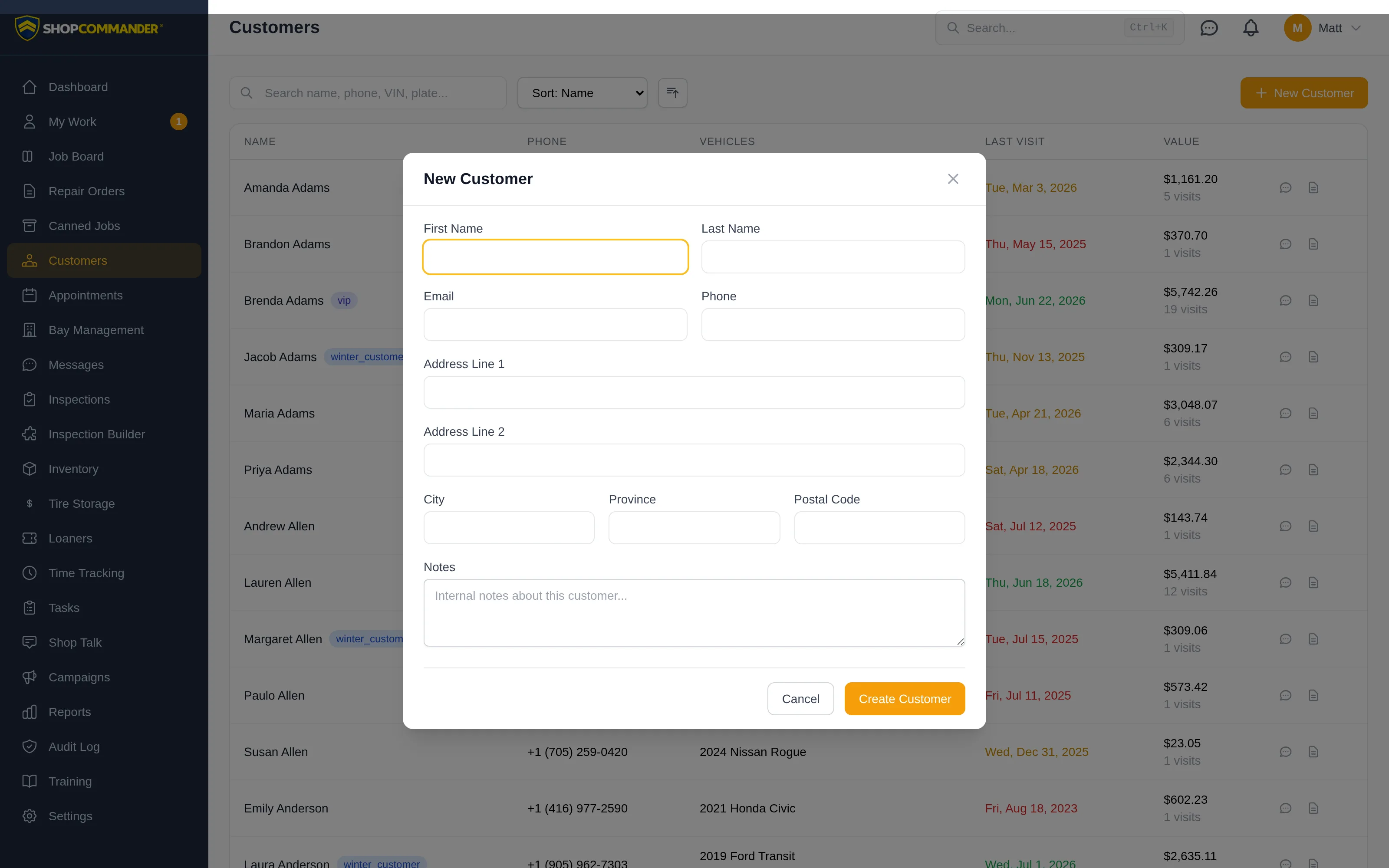 The New Customer form