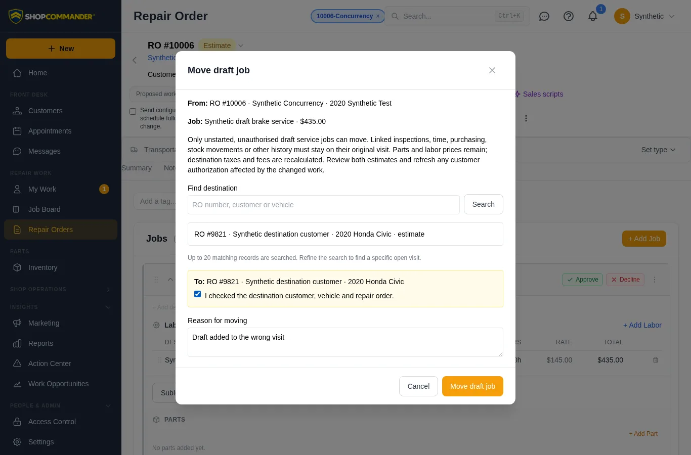 Review a draft-job destination