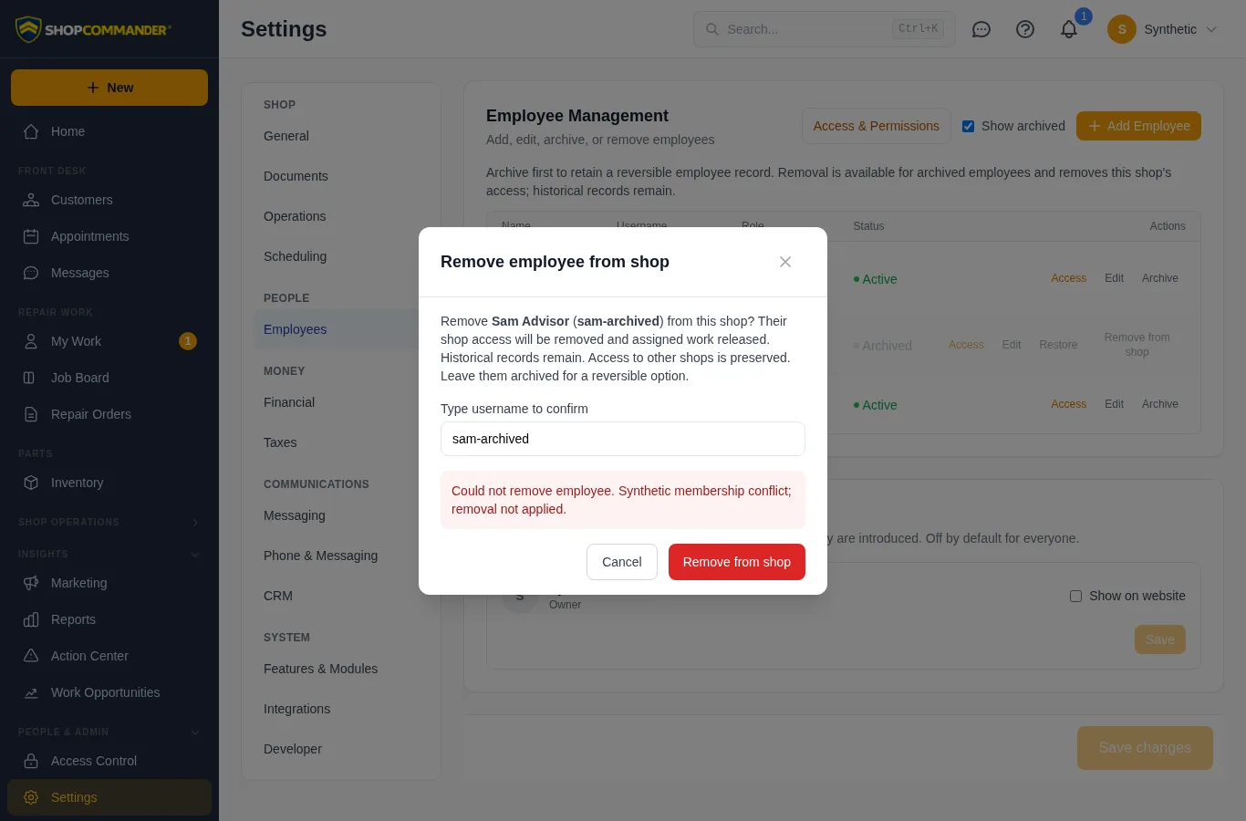 Employee removal confirmation