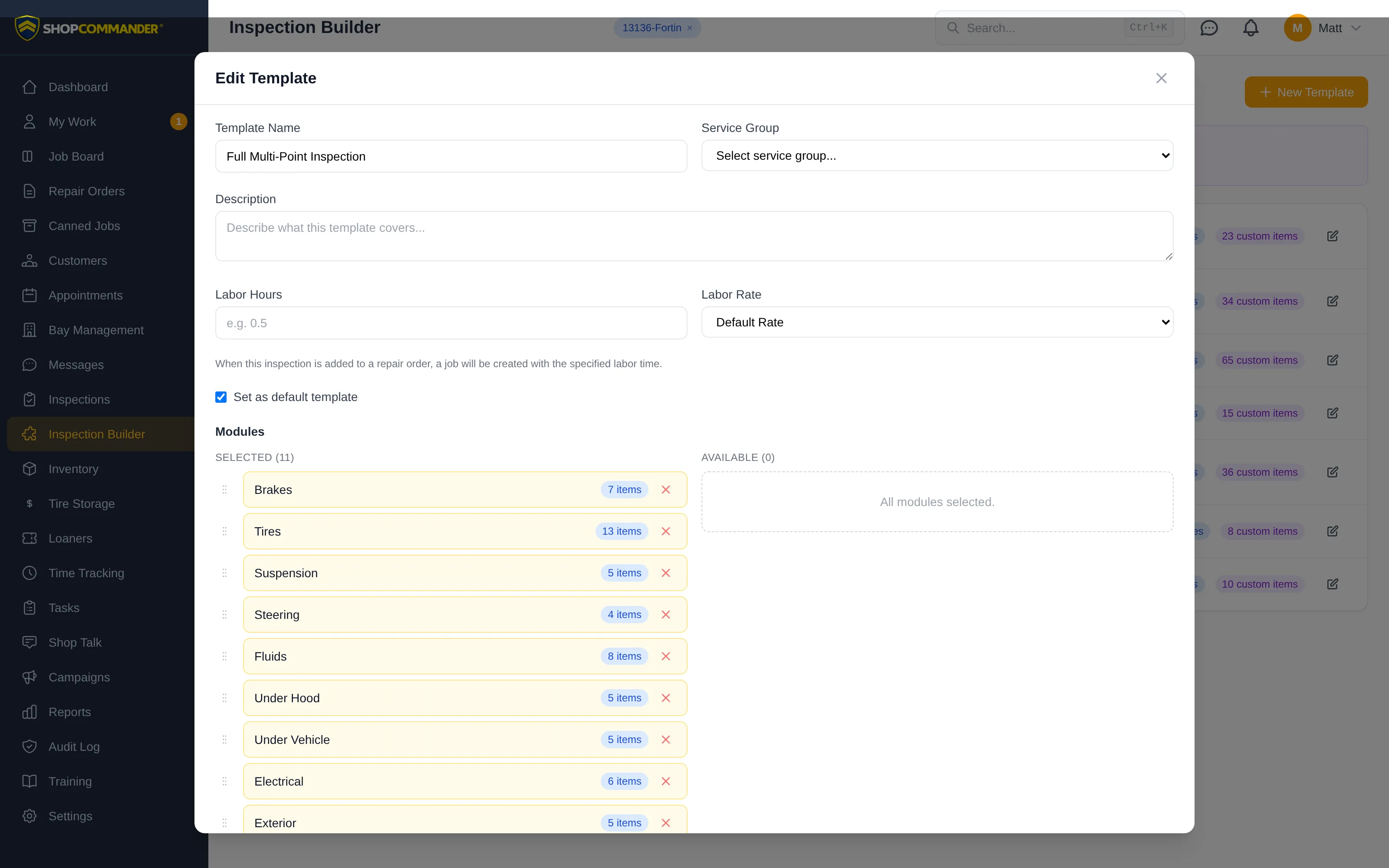 Editing an inspection template