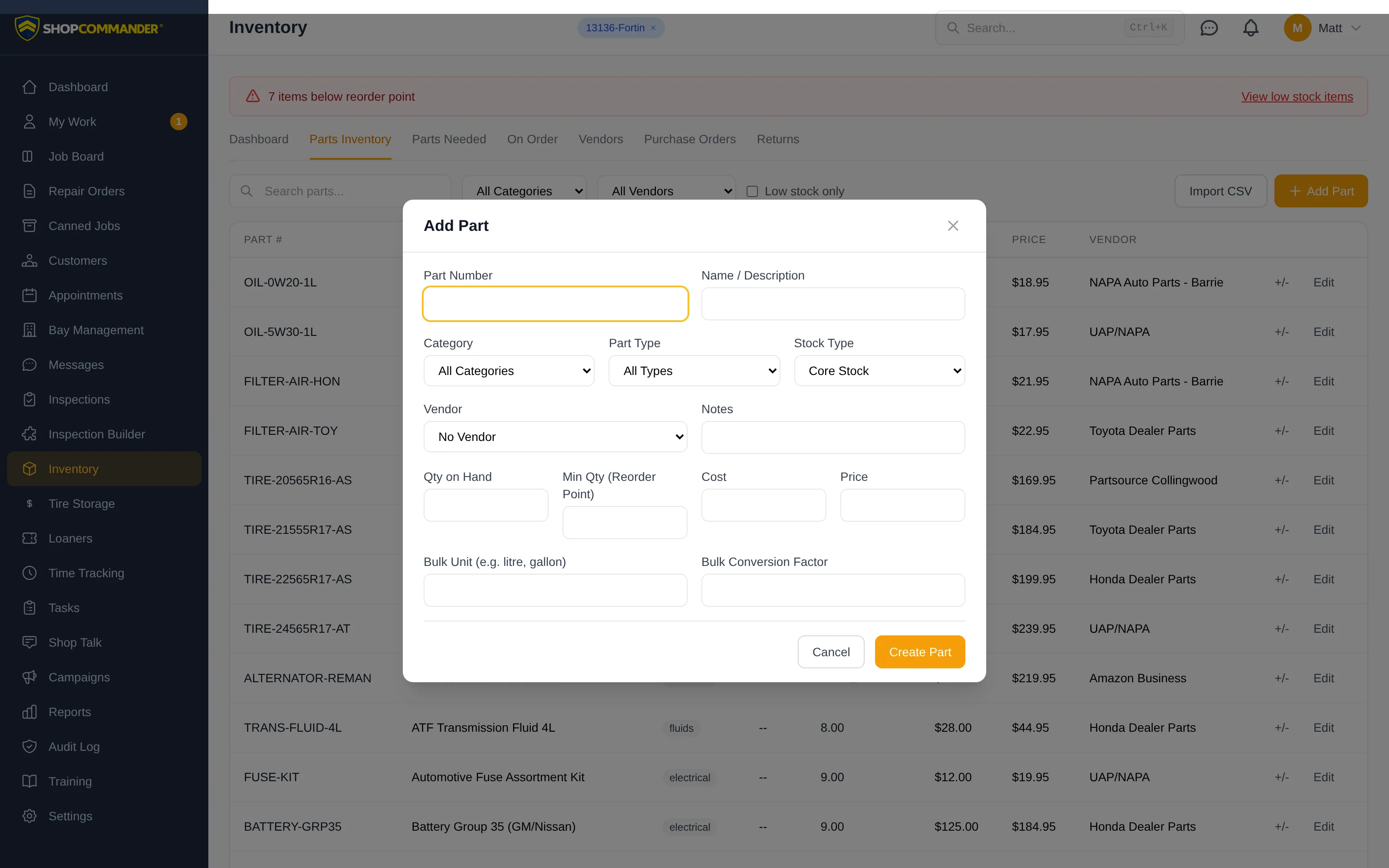 The Add Part modal