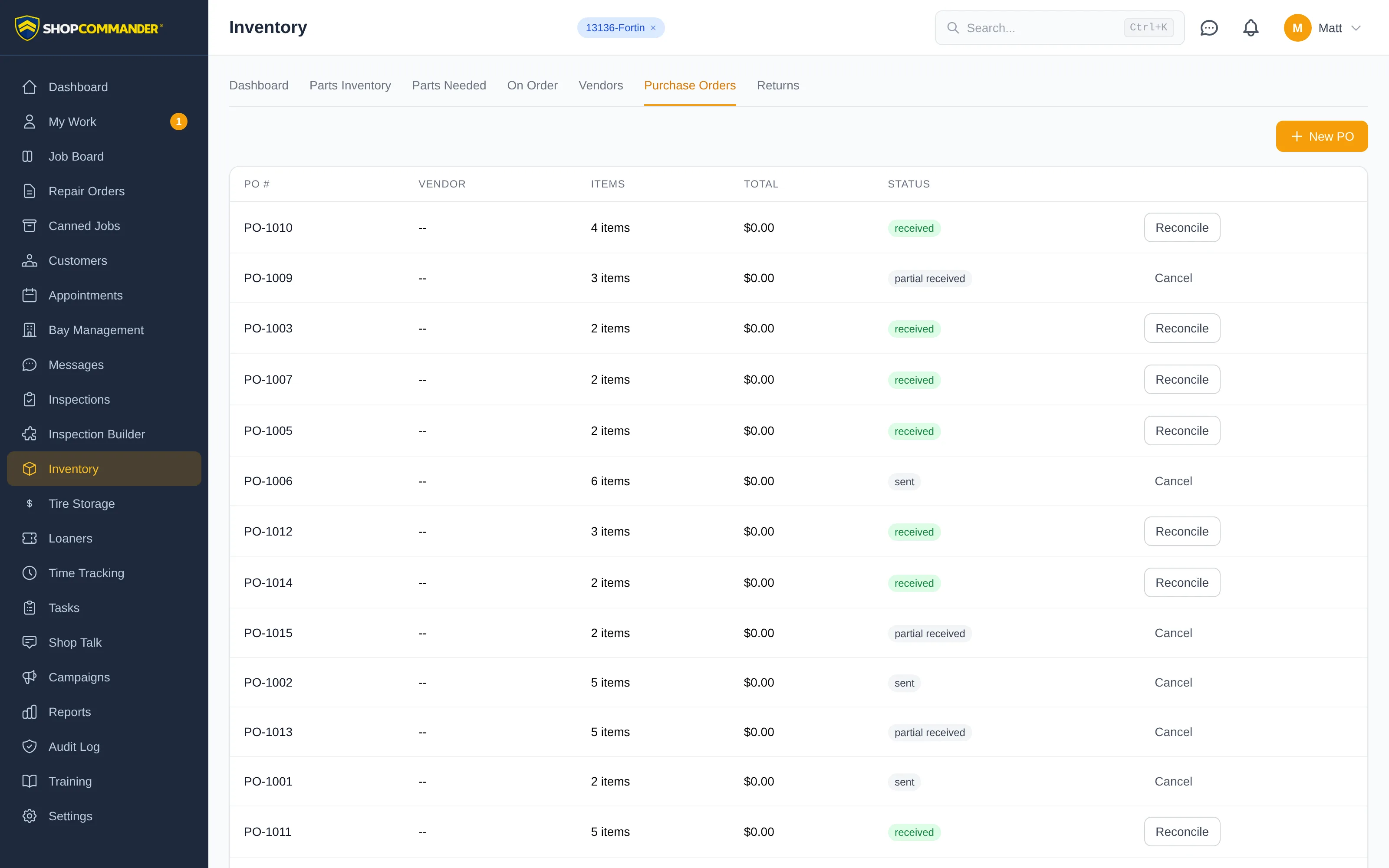 The Purchase Orders tab