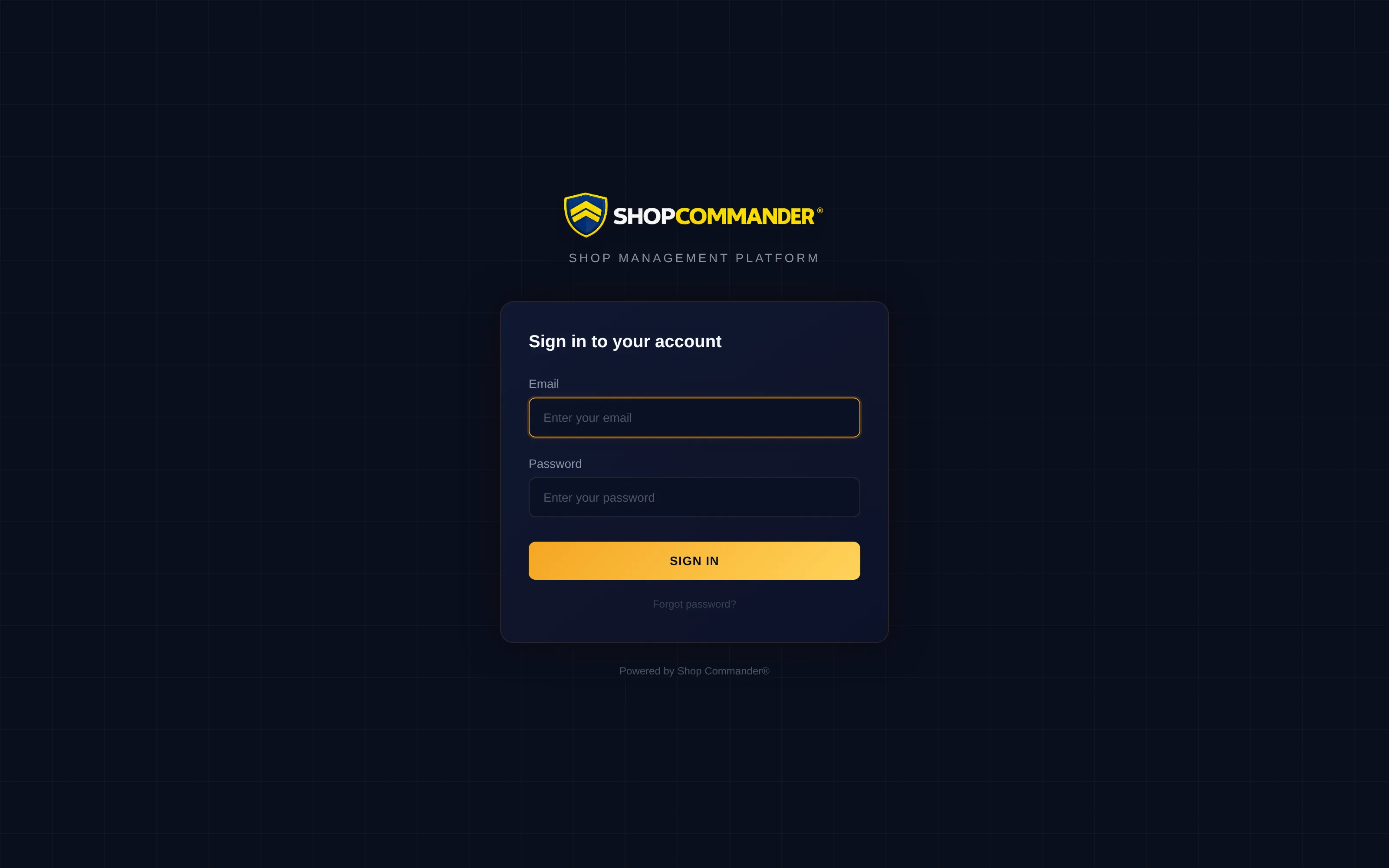 The Shop Commander login screen
