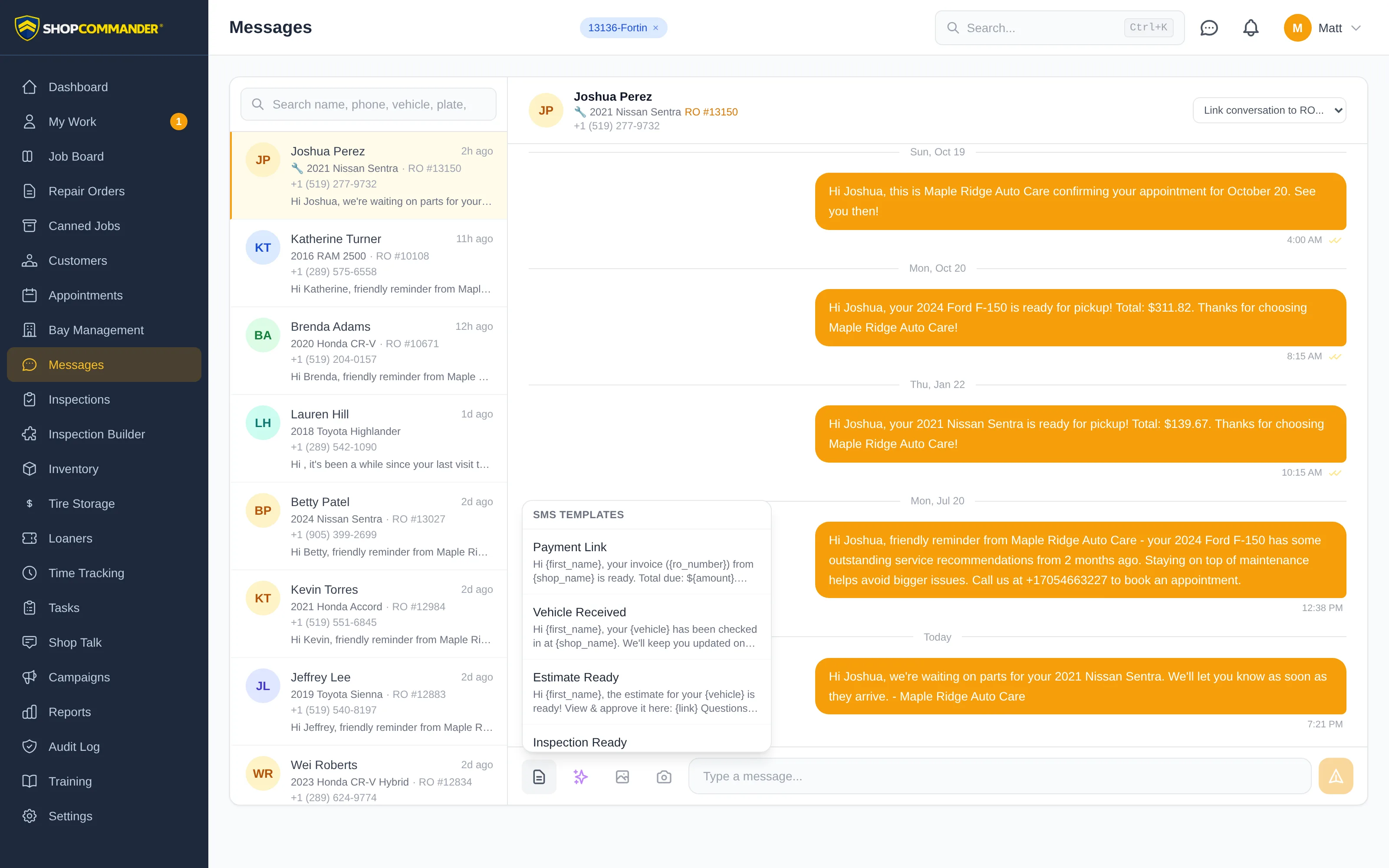 The SMS template picker in a conversation