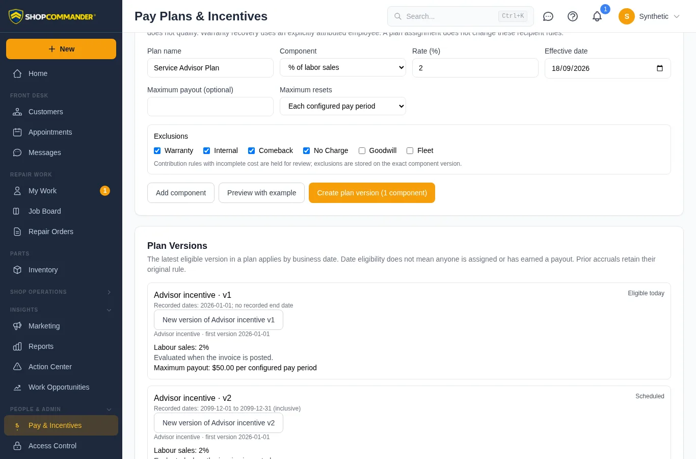 Plan versions and payout limits