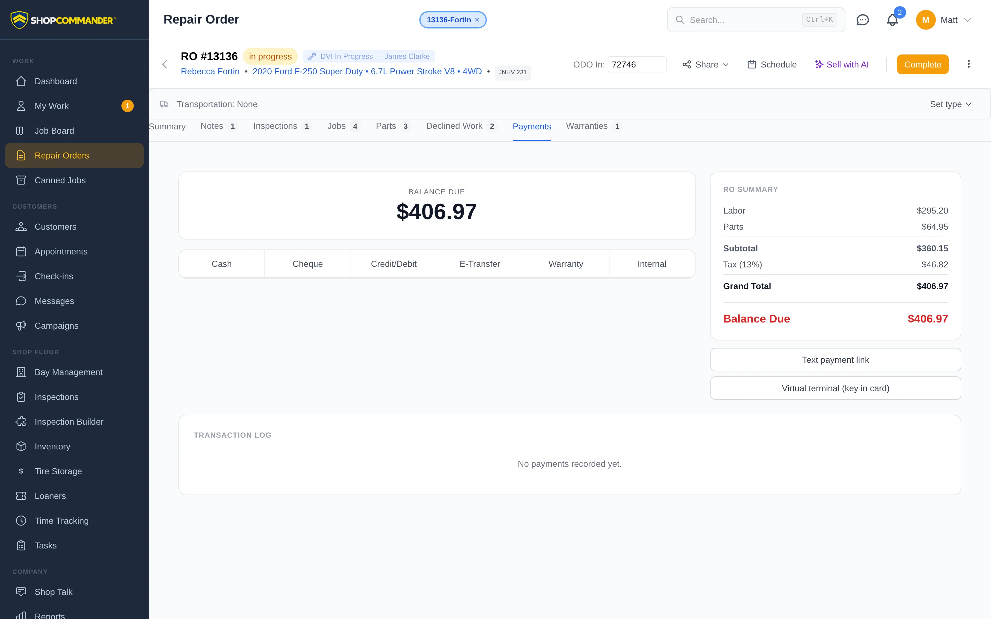 The Payments tab on a repair order