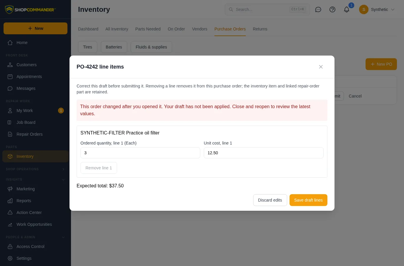 Correct a draft purchase-order line