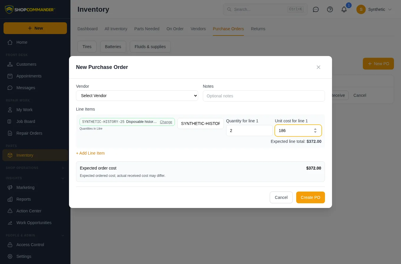 Preview the expected purchase-order cost