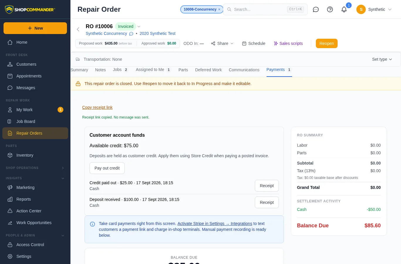 Copying a payment receipt link