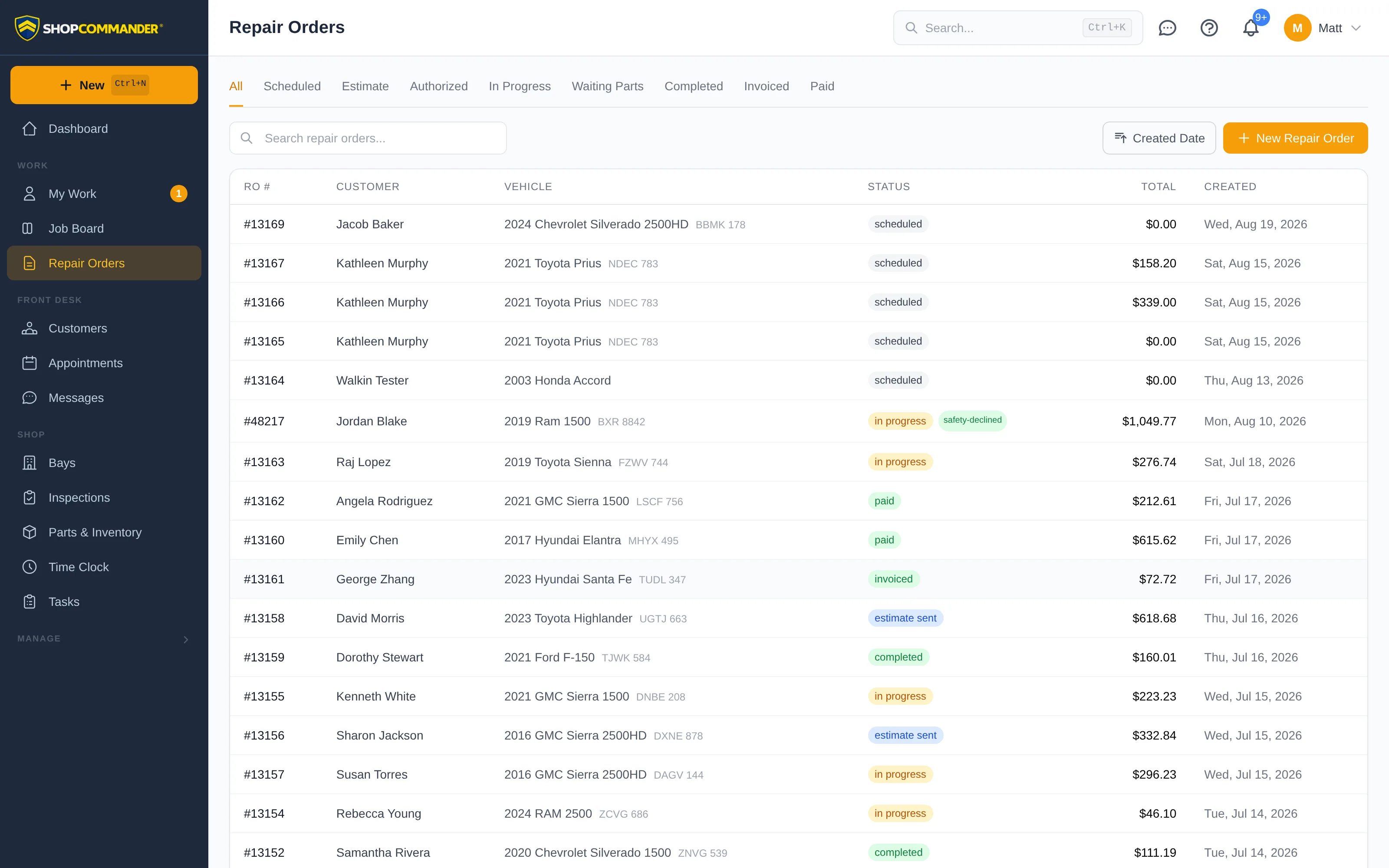The repair order list