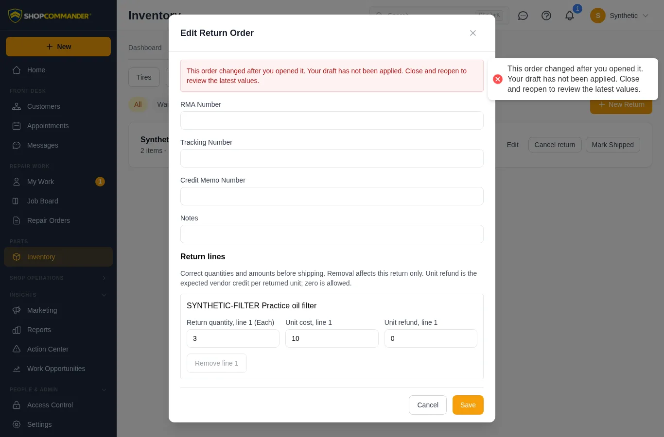 Correct an unshipped return