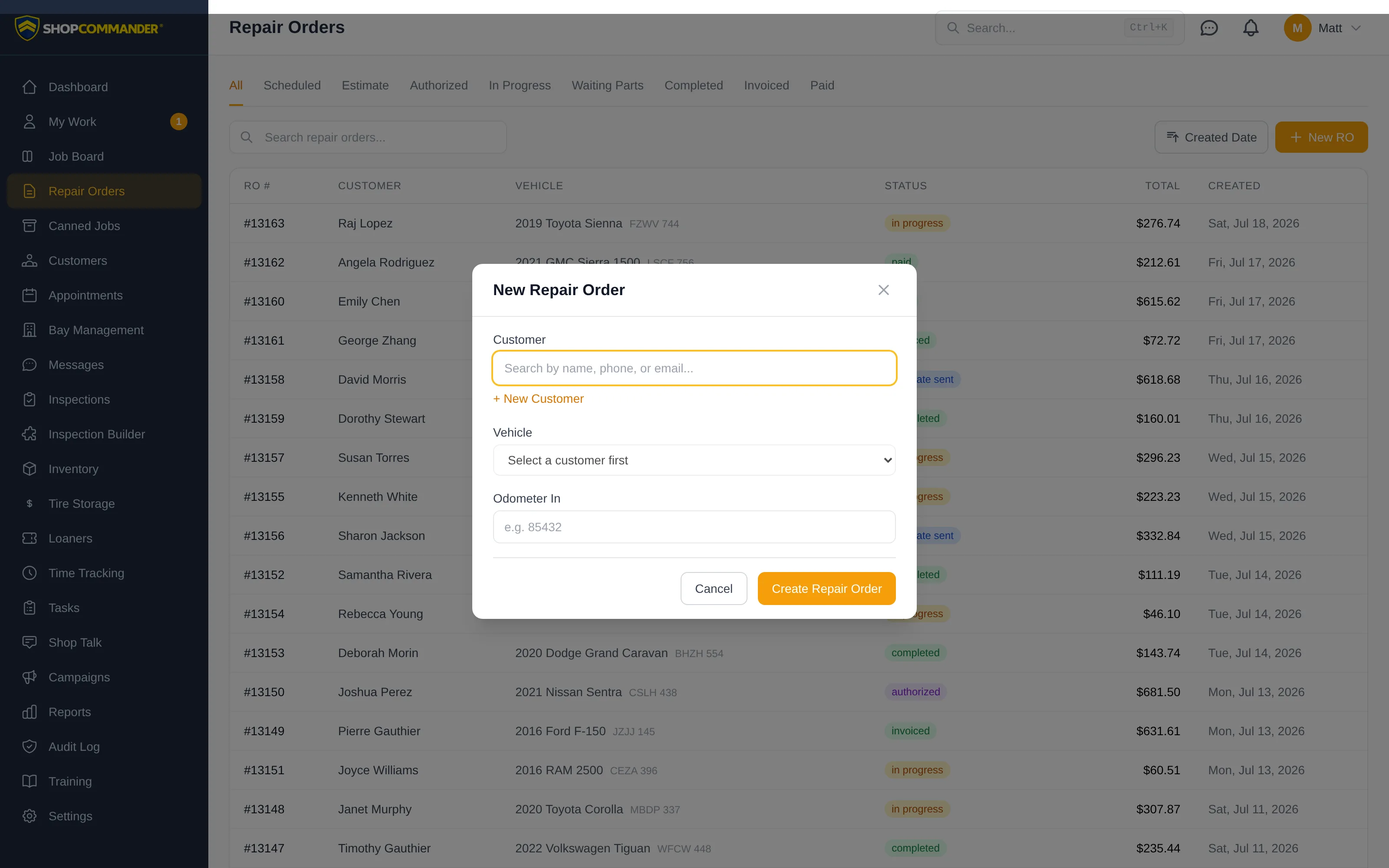 The New Repair Order modal