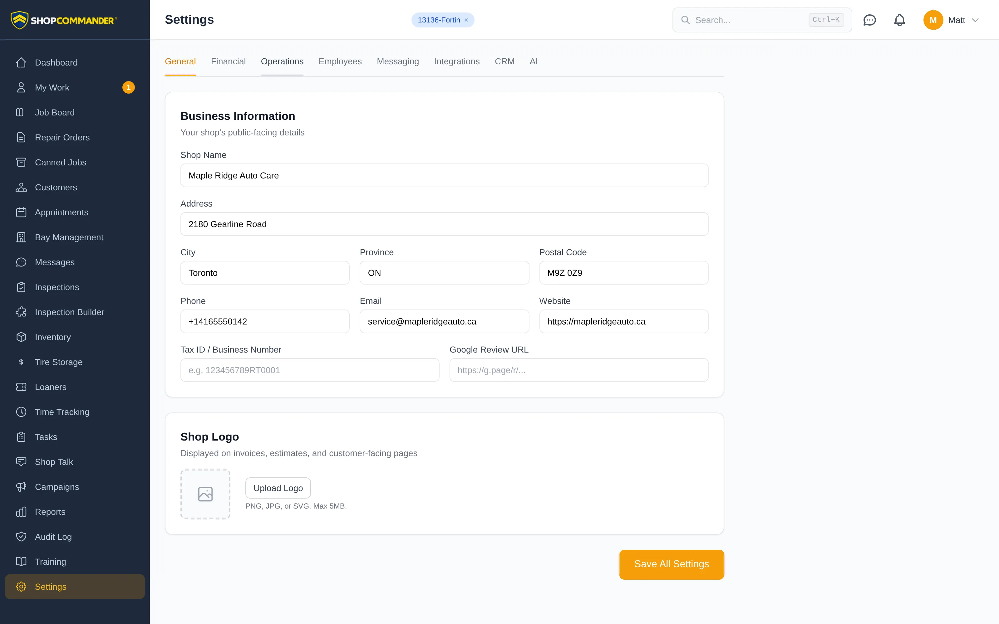 The Settings page