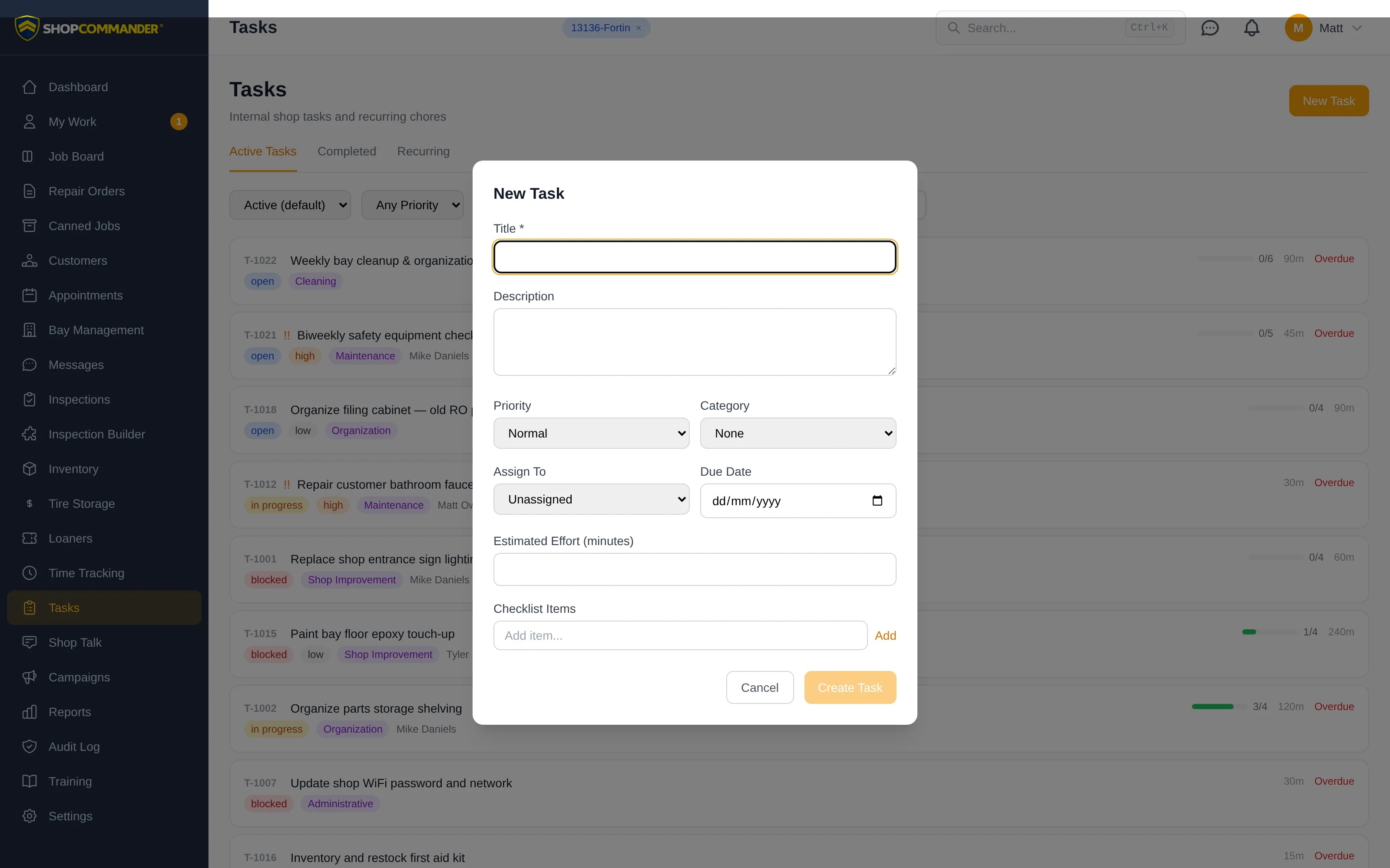 The New Task modal