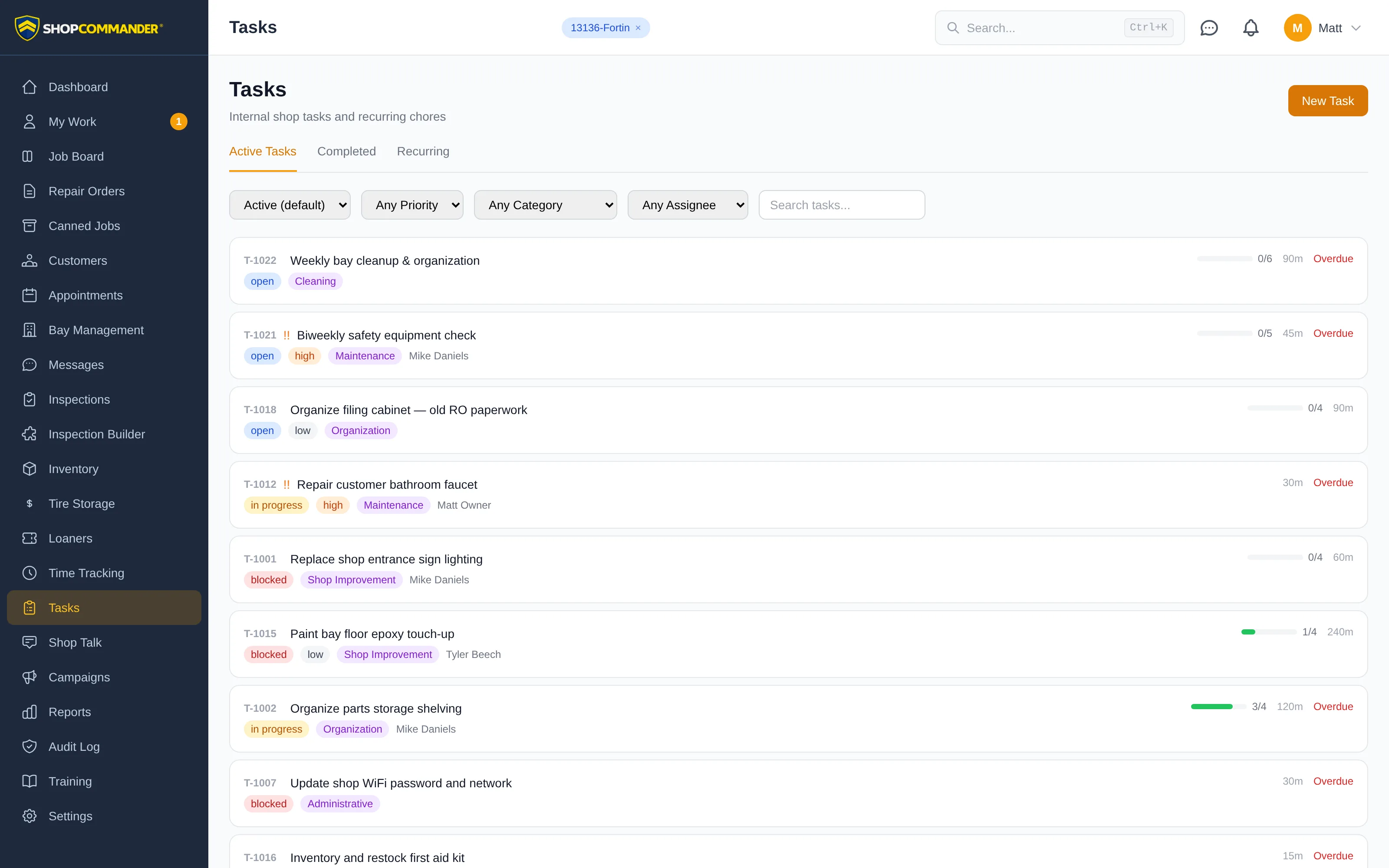 The Tasks page