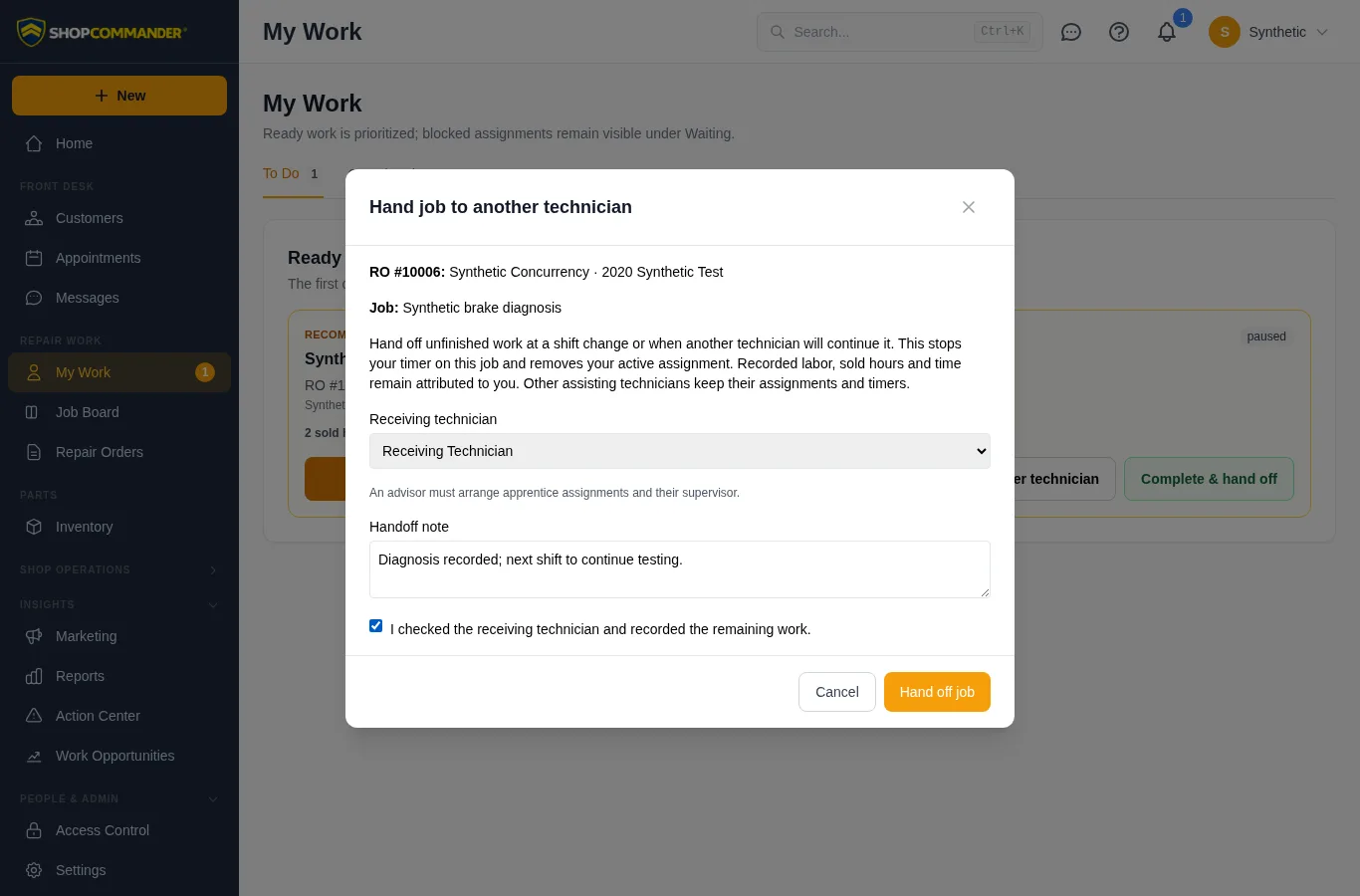 Review a technician handoff