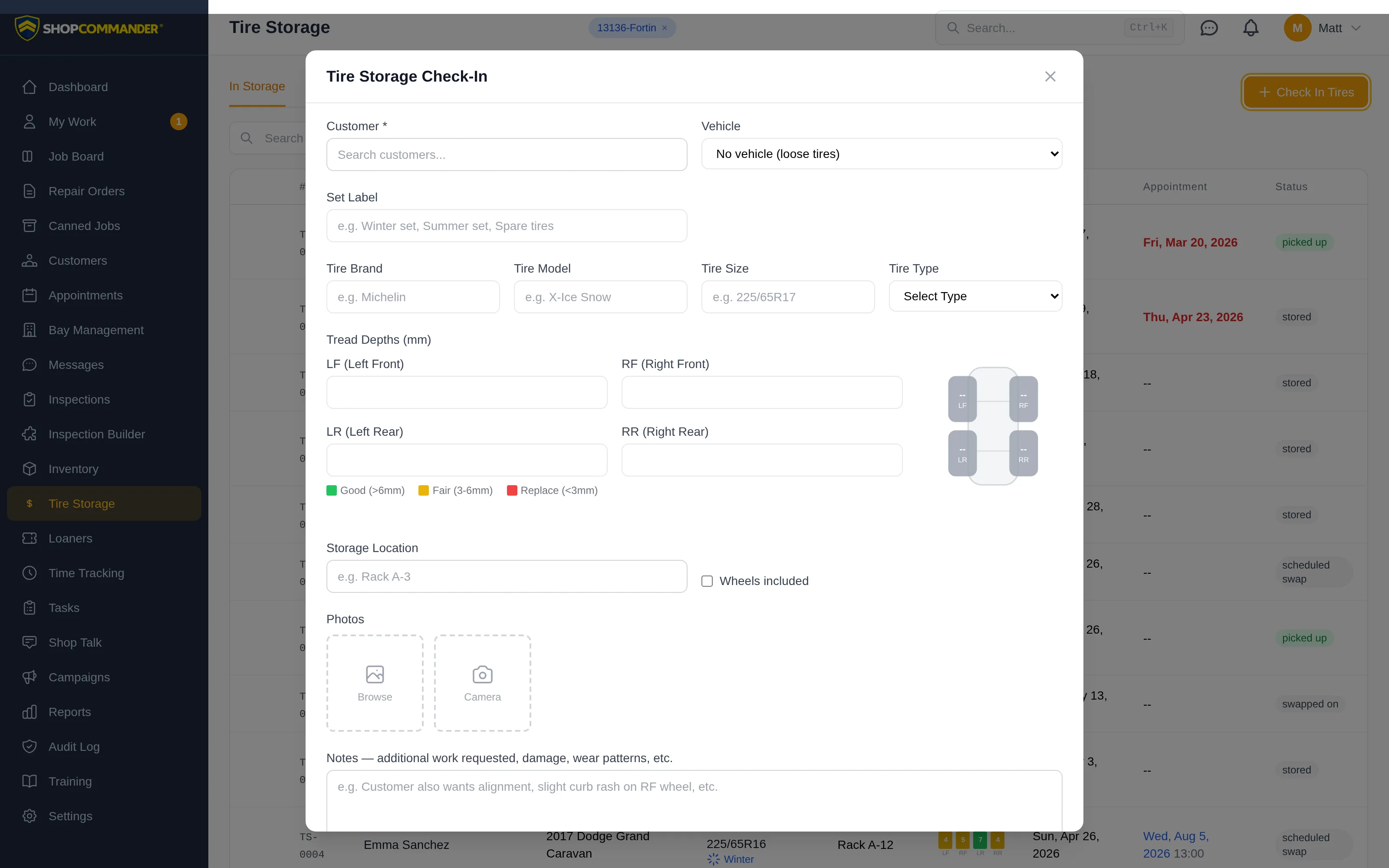 The tire check-in form