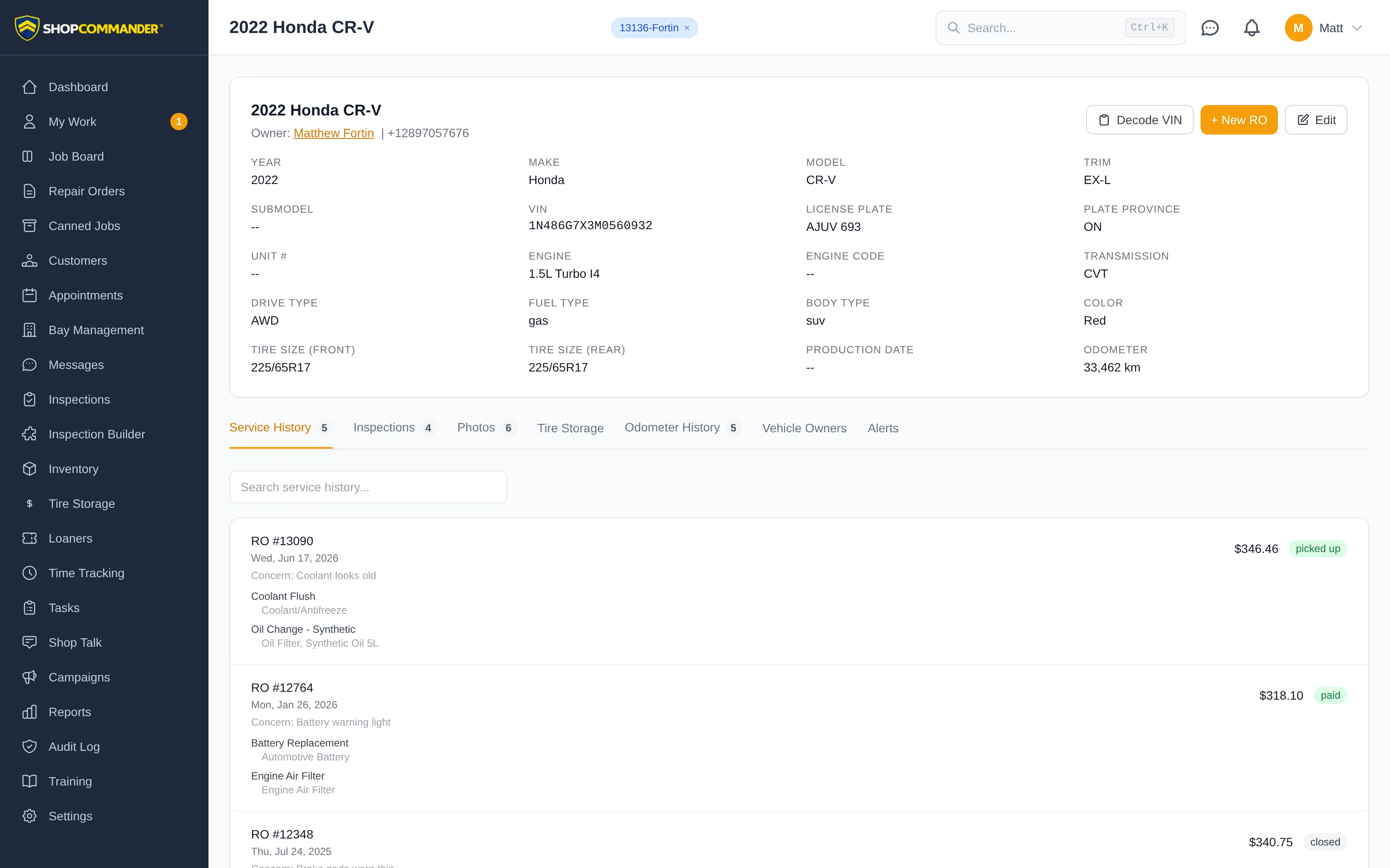 A vehicle's service history tab