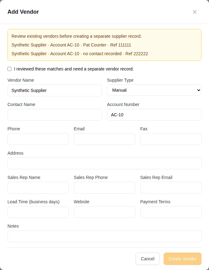 Review matching vendor records before creating another