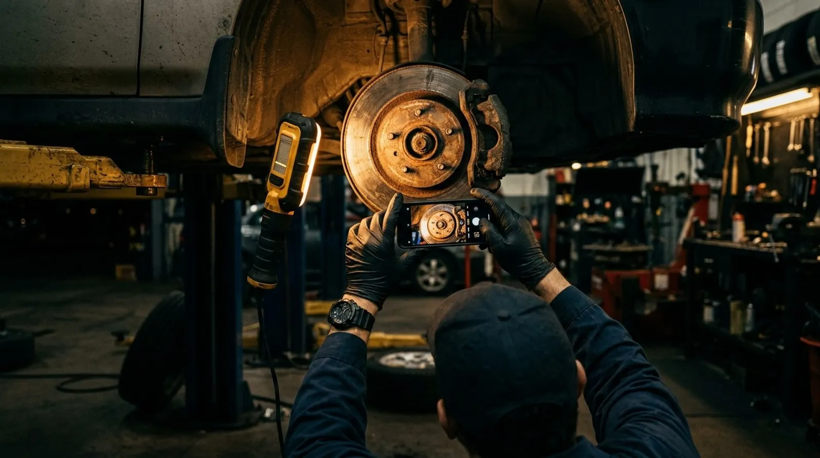 Technician photographing a worn brake assembly with a phone during a digital vehicle inspection