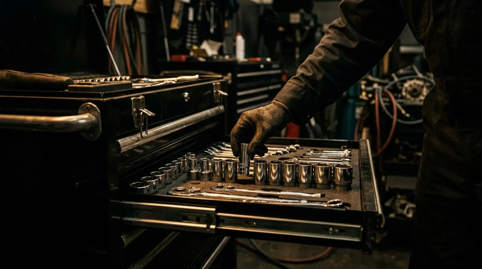 Technician reaching into an organized toolbox drawer