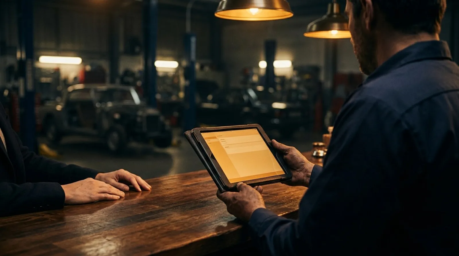 Service advisor presenting a tablet across the counter to a customer