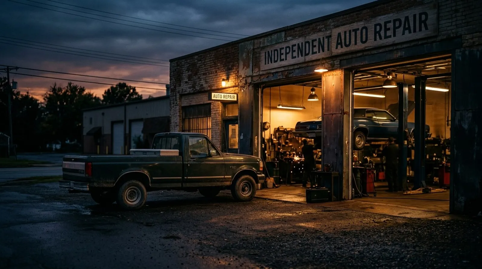 Independent auto repair shop storefront glowing at dusk