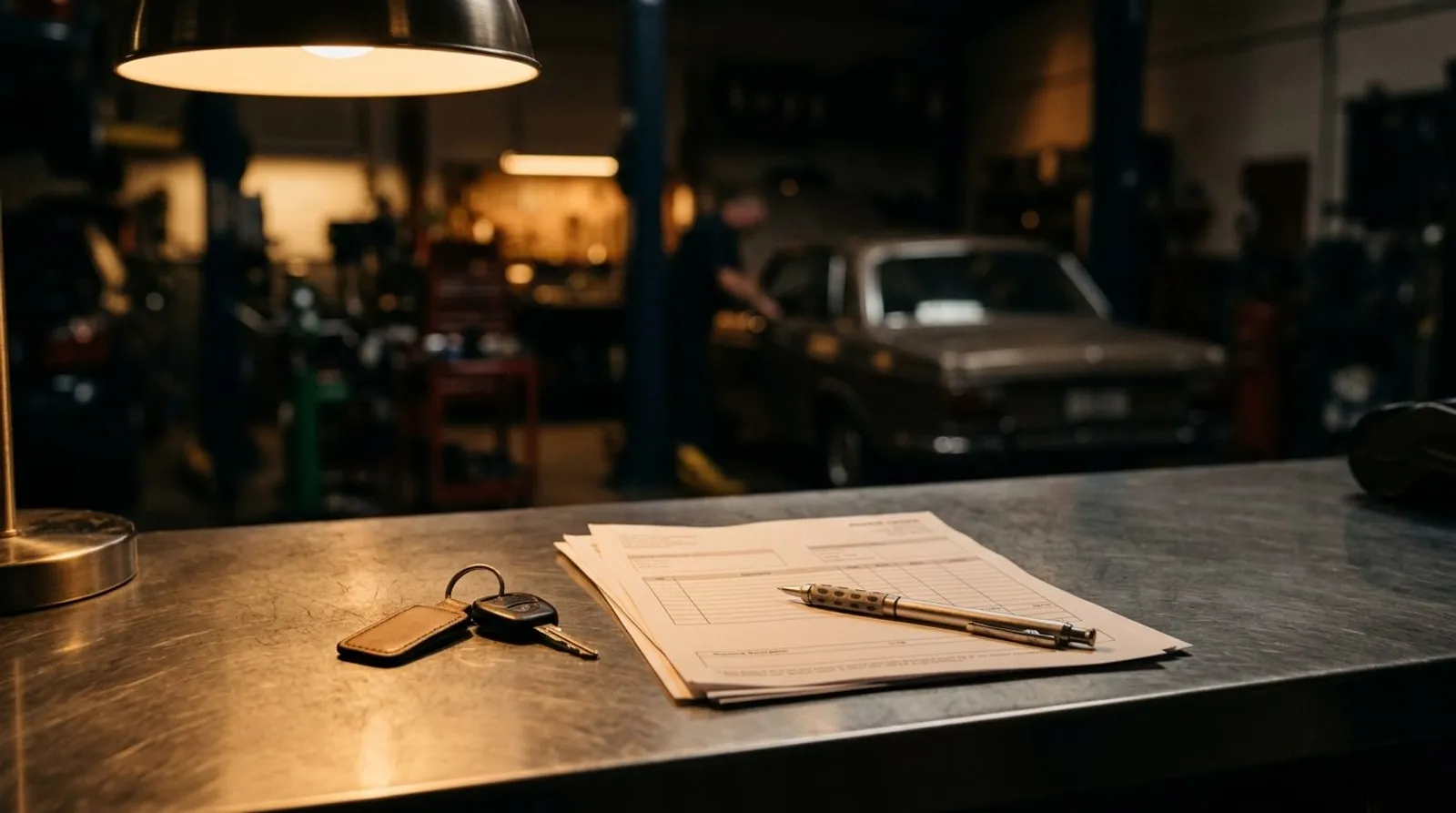 Invoice, keys, and pen on an auto shop service counter