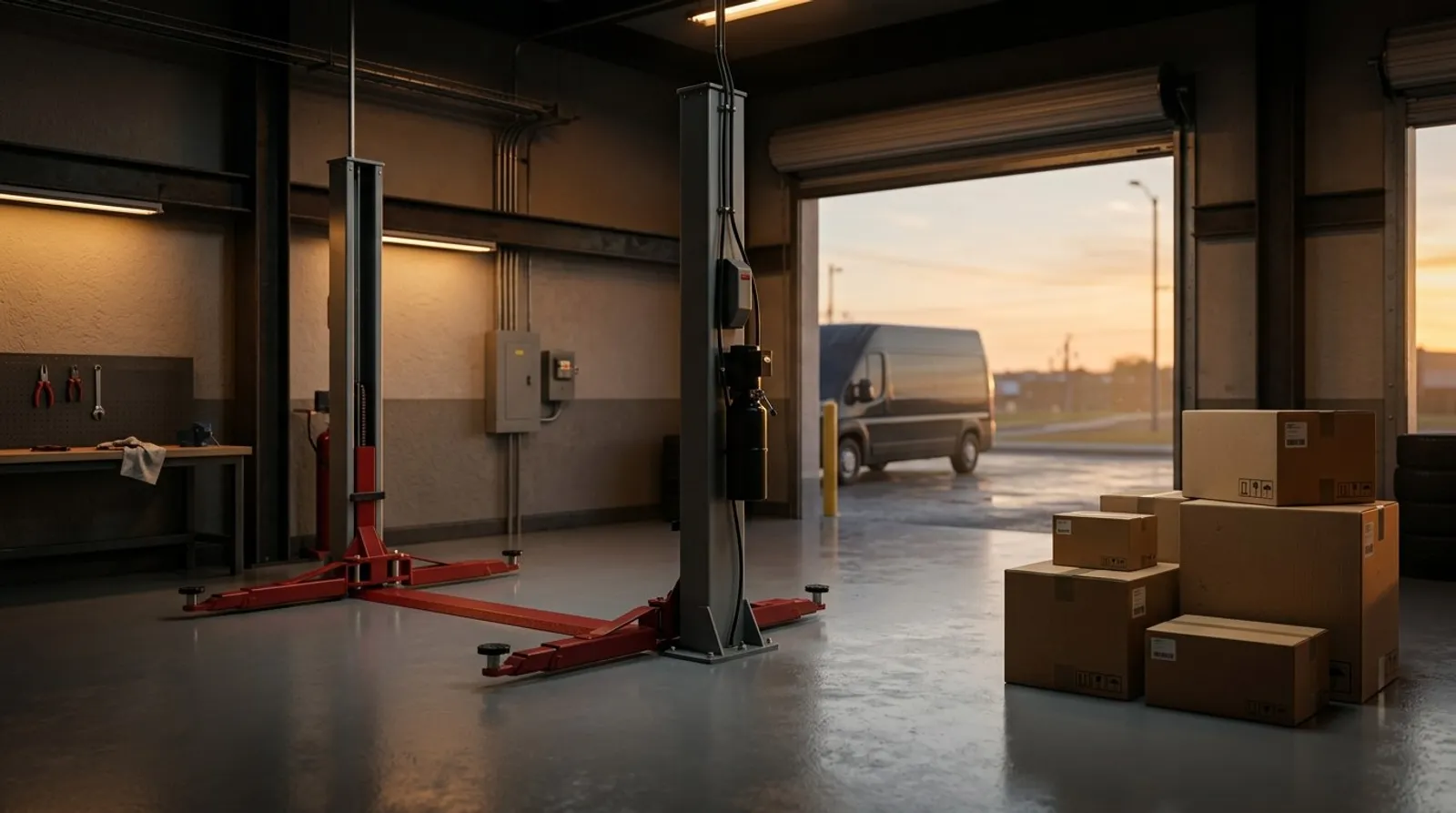 Brand-new empty auto shop bay with a new lift and unopened equipment