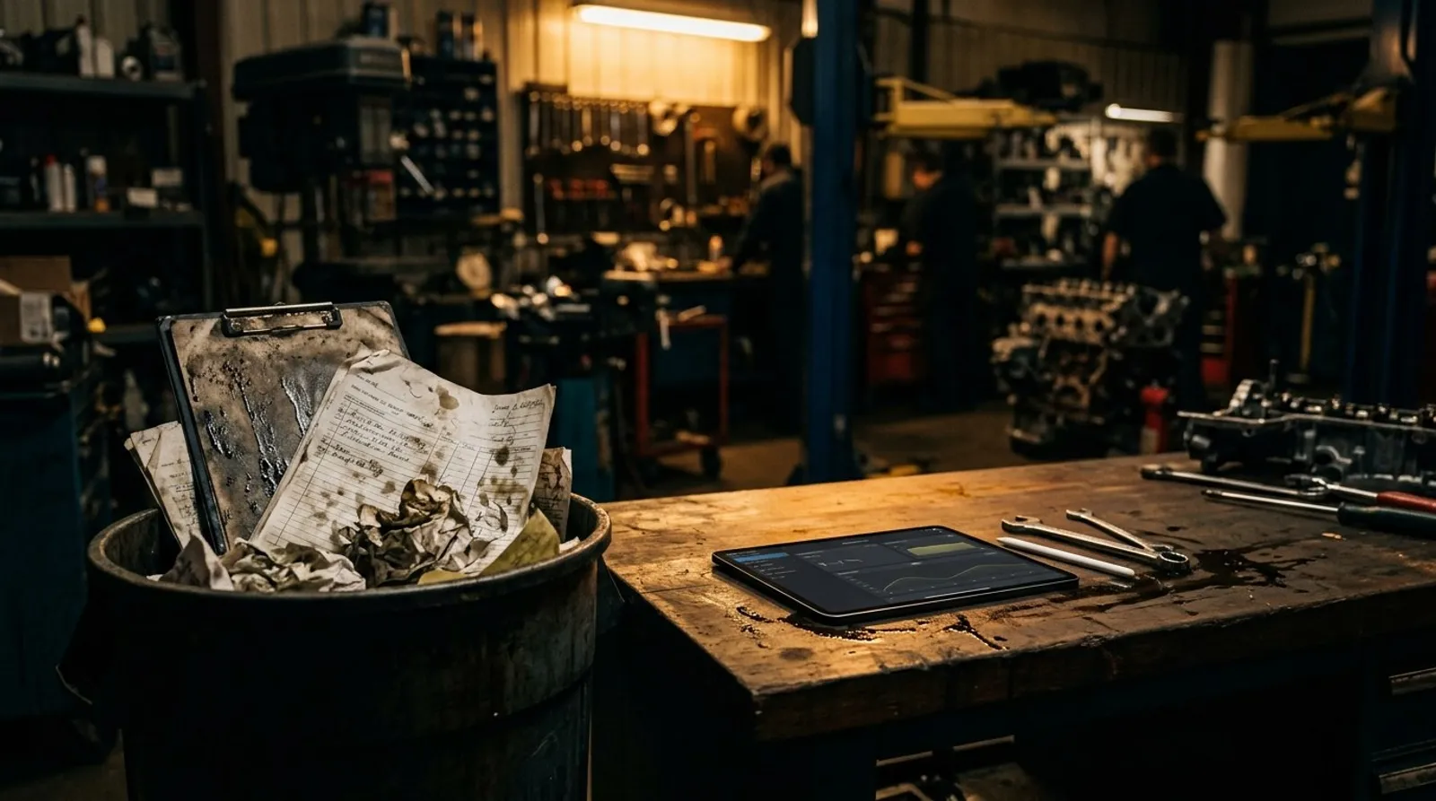Crumpled paper work orders in a bin beside a clean tablet