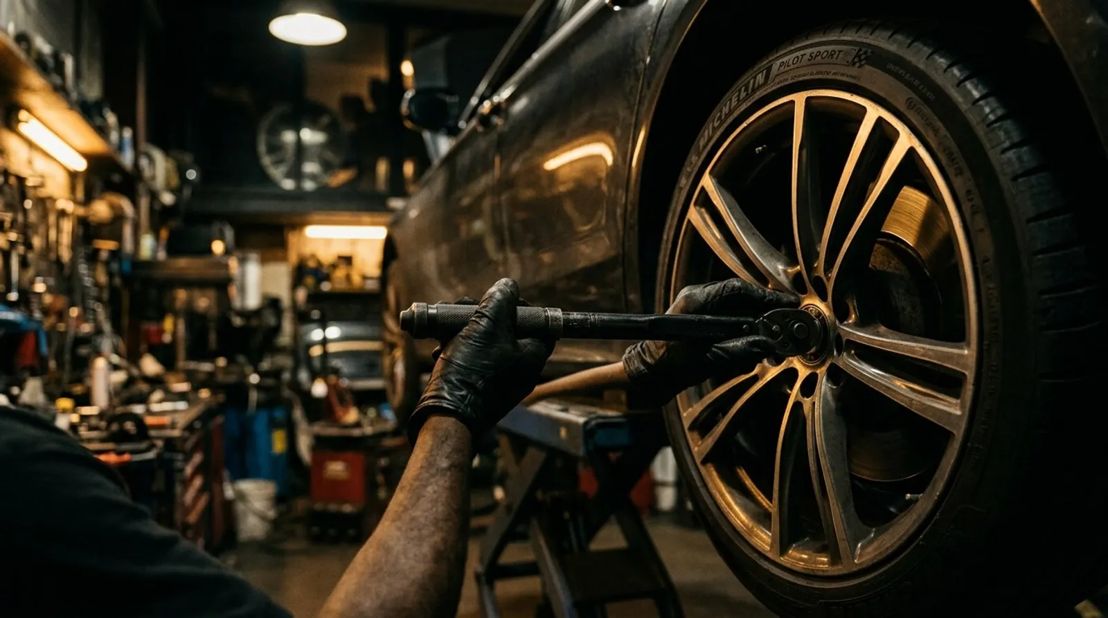 Final torque-wrench check on a wheel