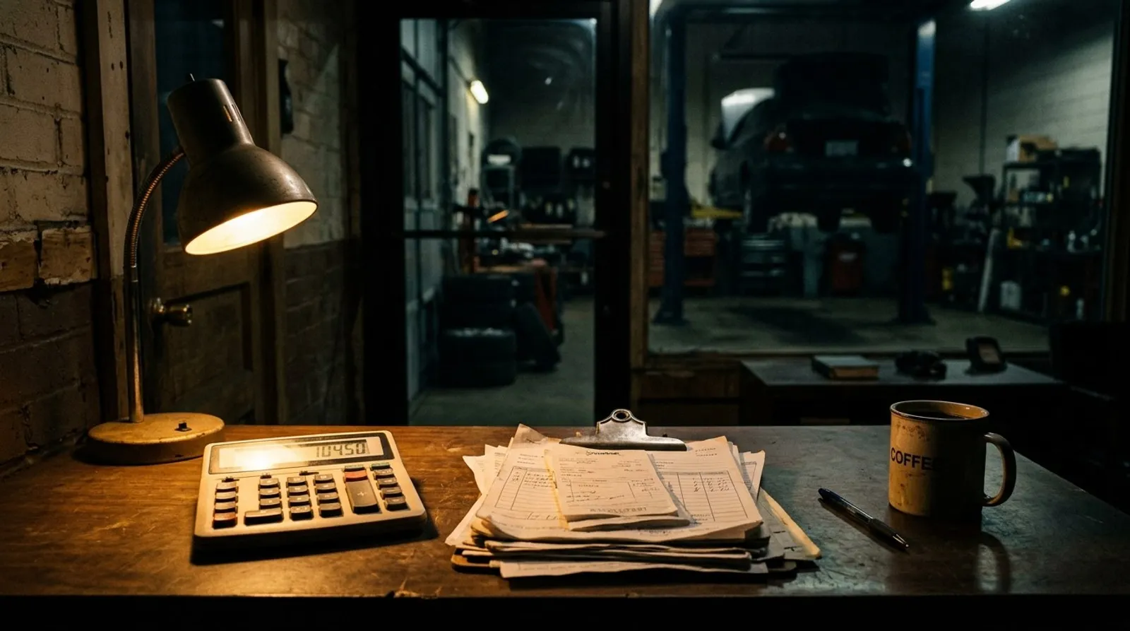 Late-night shop office desk with calculator and stacked receipts