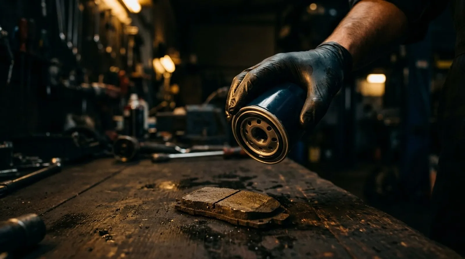 New oil filter in hand while a worn brake pad sits ignored on the bench