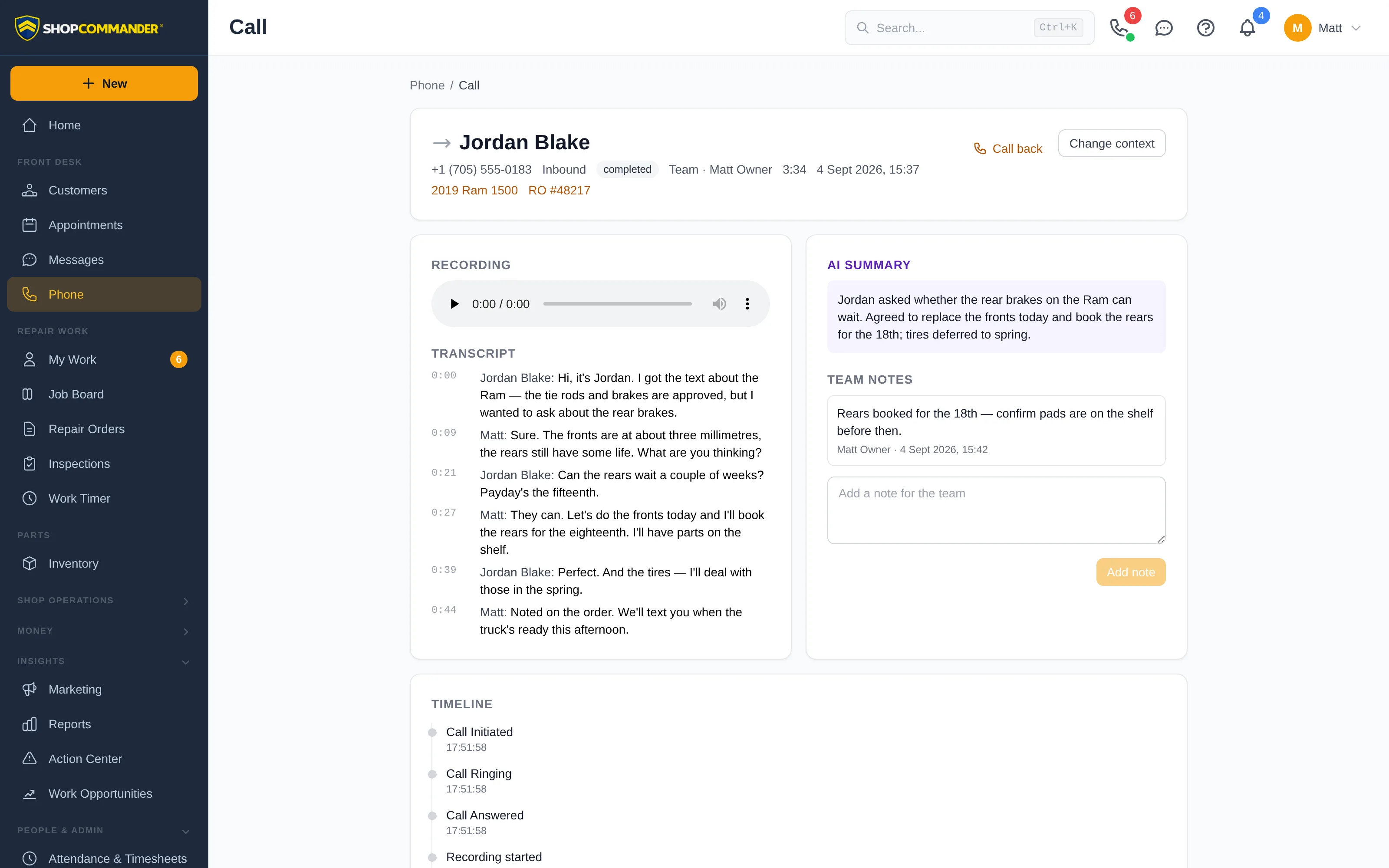 Call detail page in Shop Commander with the recording player, a speaker-labelled transcript, an AI summary, team notes, and the call timeline