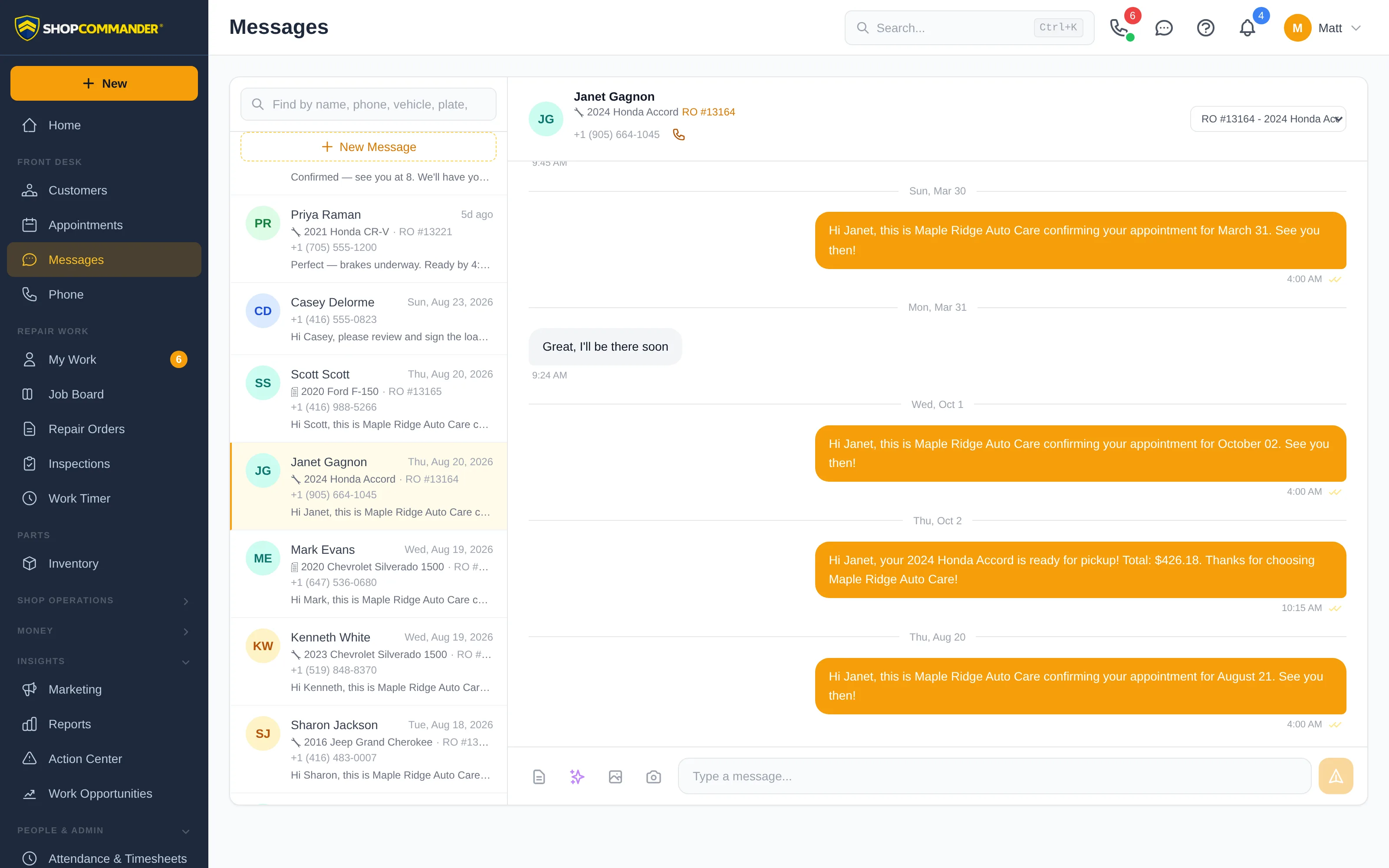 Two-way customer messaging in Shop Commander with a conversation list and a text thread showing appointment confirmations and a vehicle-ready notice