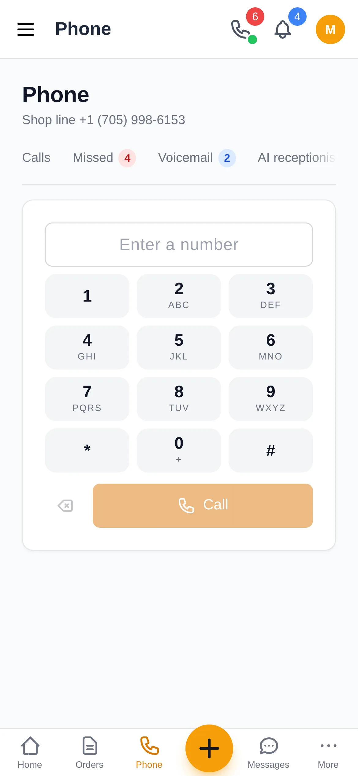 The dialer on the Shop Commander mobile app for placing a call from the shop's number