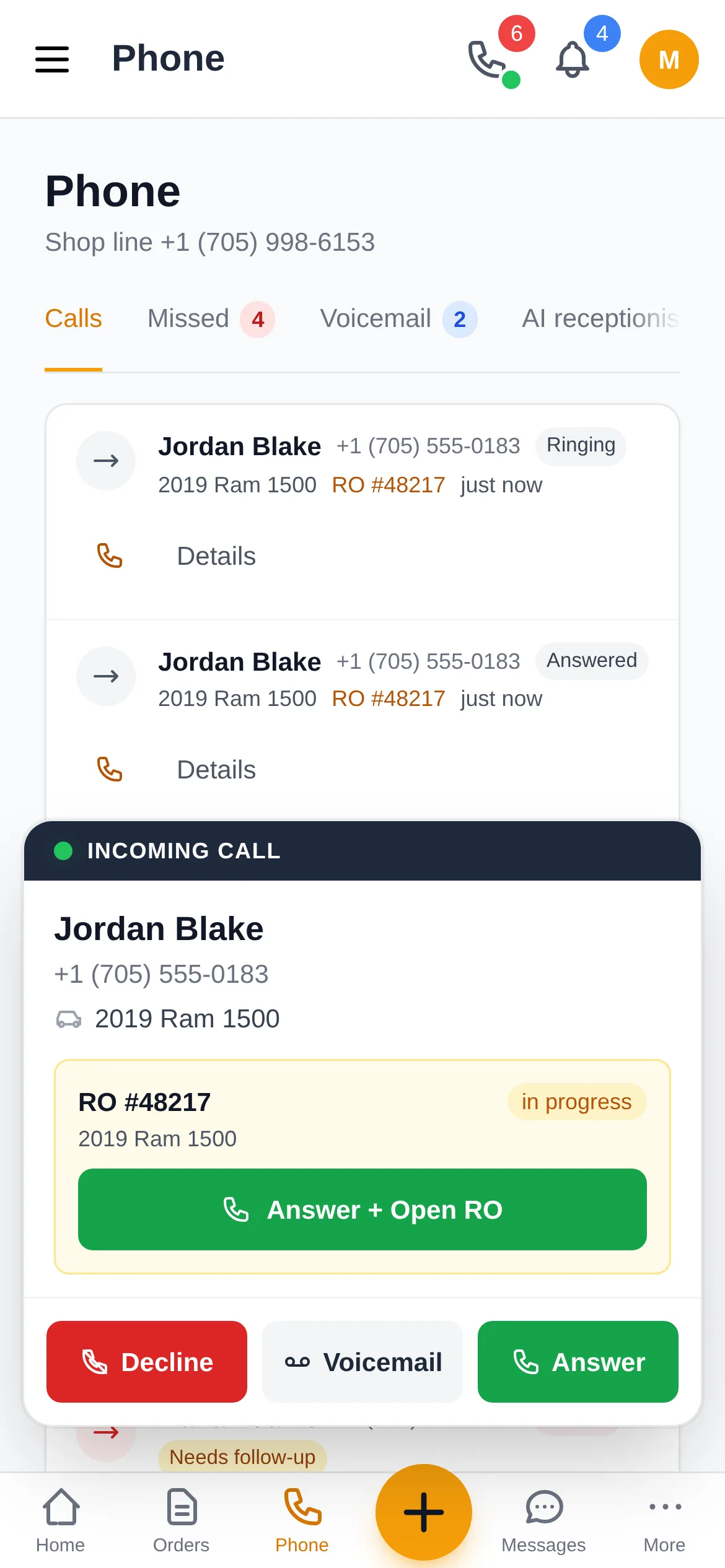 Incoming call on the Shop Commander mobile app showing the customer's name, vehicle, and open repair order with Answer, Voicemail and Decline buttons