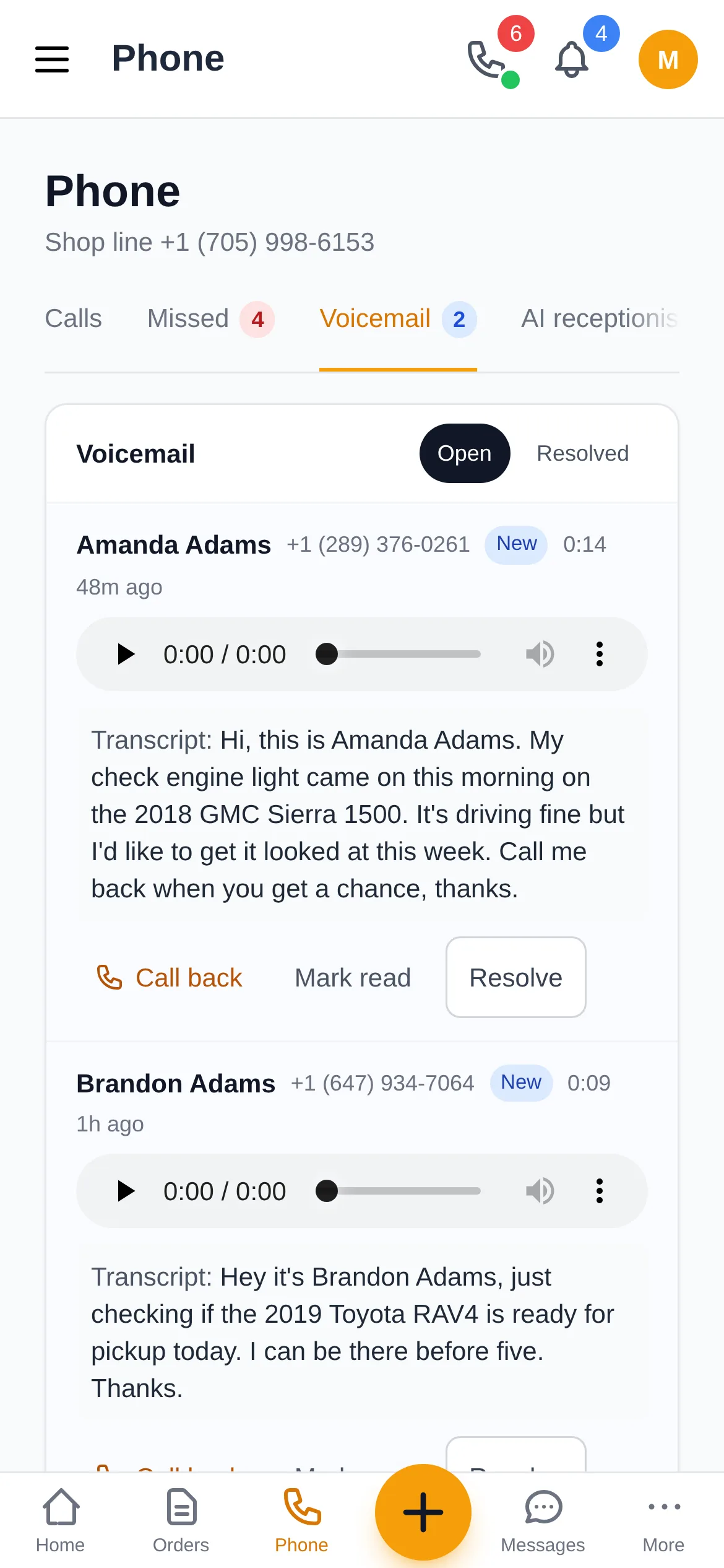 Voicemail inbox on the Shop Commander mobile app with playback controls and transcripts