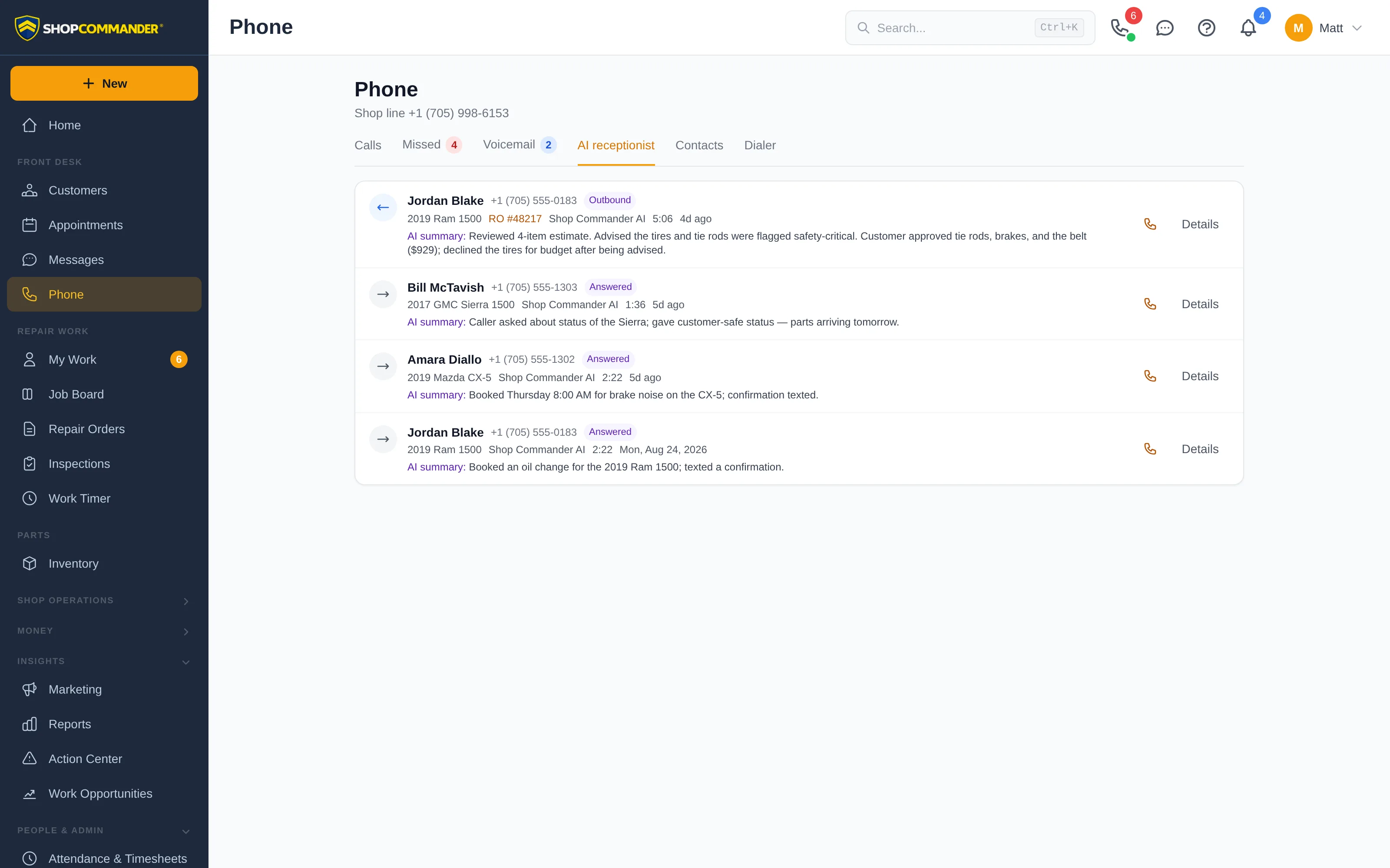 The AI receptionist tab on the Phone page listing calls handled by Shop Commander AI with a summary under each