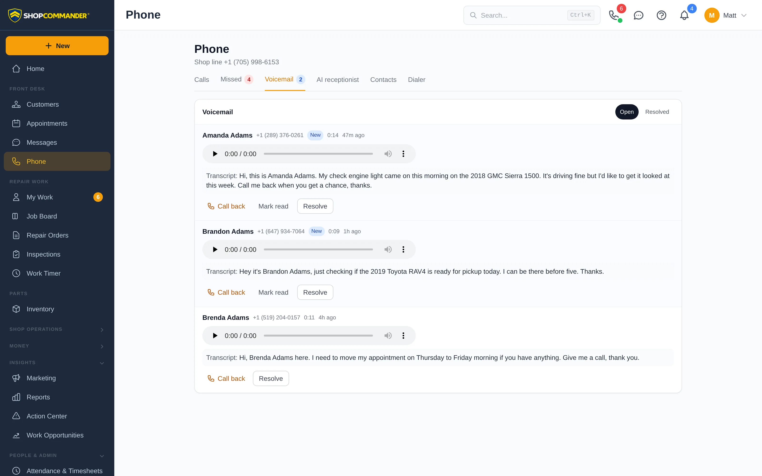 Voicemail inbox on the Shop Commander Phone page with audio players, transcripts, and Call back, Mark read, and Resolve buttons
