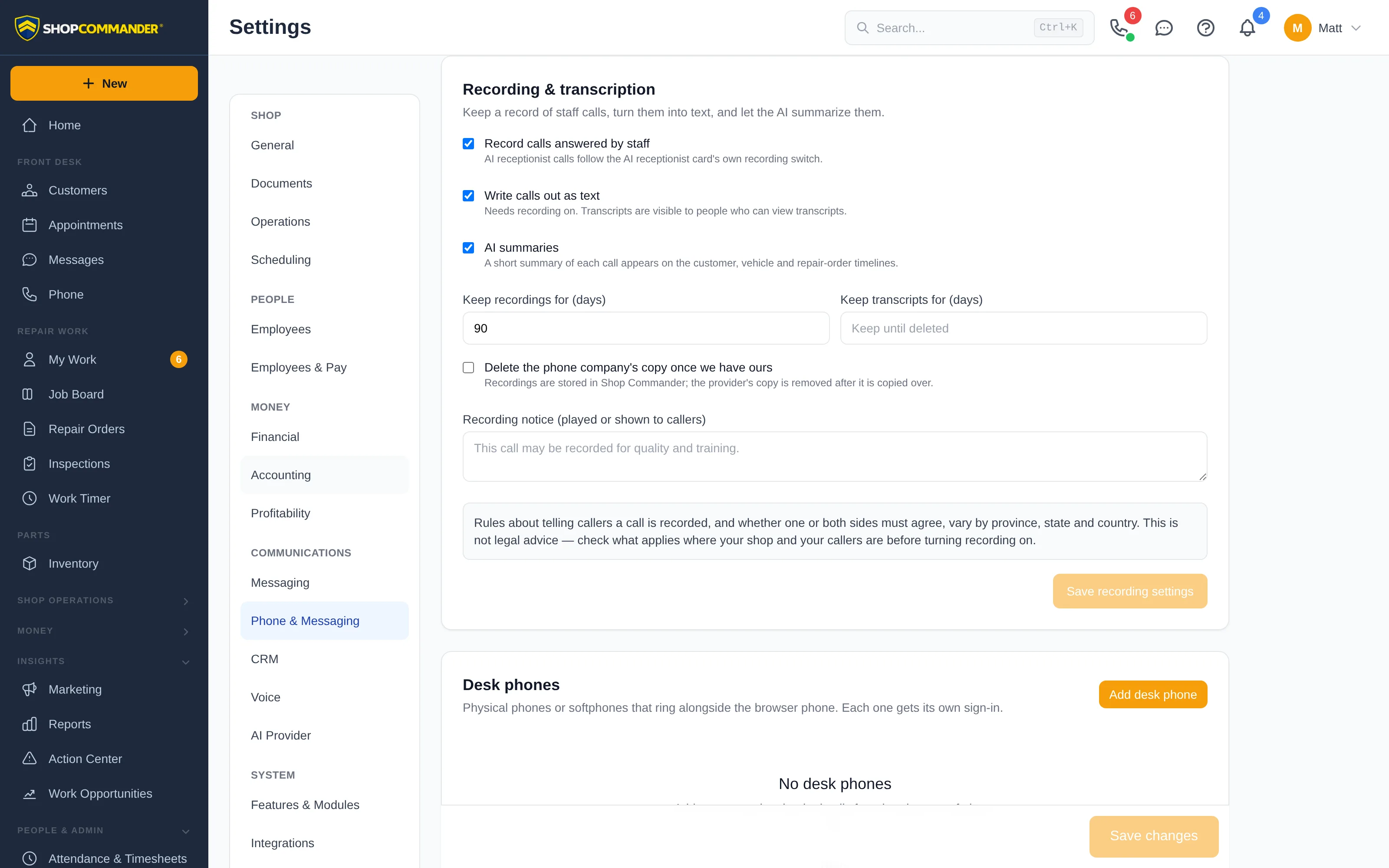 Recording and transcription settings in Shop Commander with switches for recording staff calls, writing calls out as text, AI summaries, and retention days